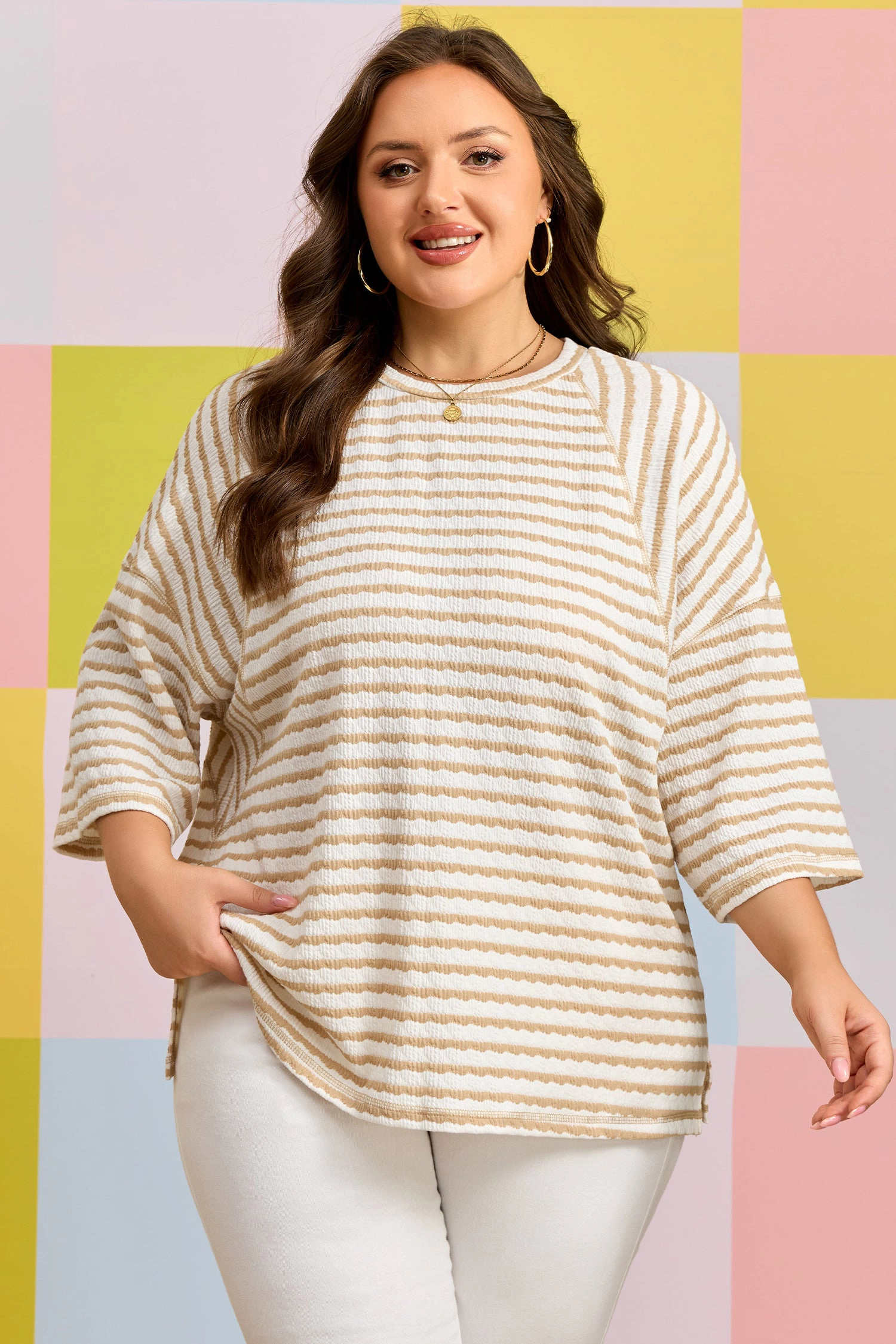Threaded Pear Womens Liv Detail Half Sleeve PLUS Top - Apricot Stripe