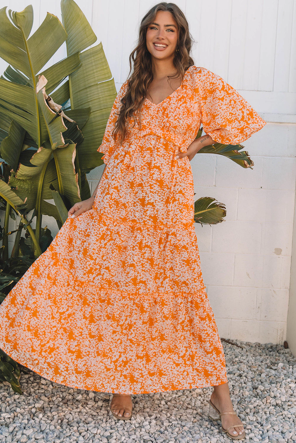 Threaded Pear Women's Eileen Floral V Neck Wide Sleeve Maxi Dress