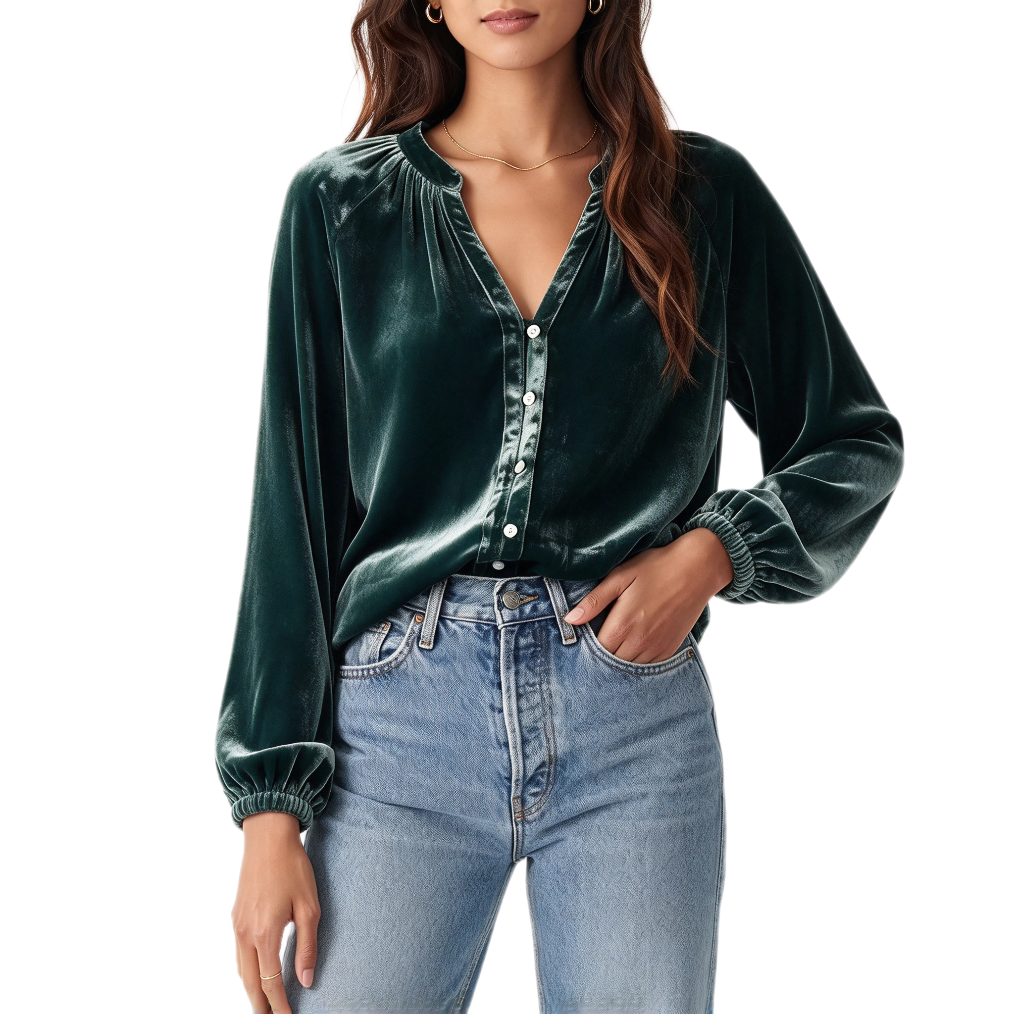 BLUEMING Womens Winter Velvet Long Sleeve Button Down Casual Tops Shirts V-Neck Cute Puff Sleeves Shirt Tunic Blouses