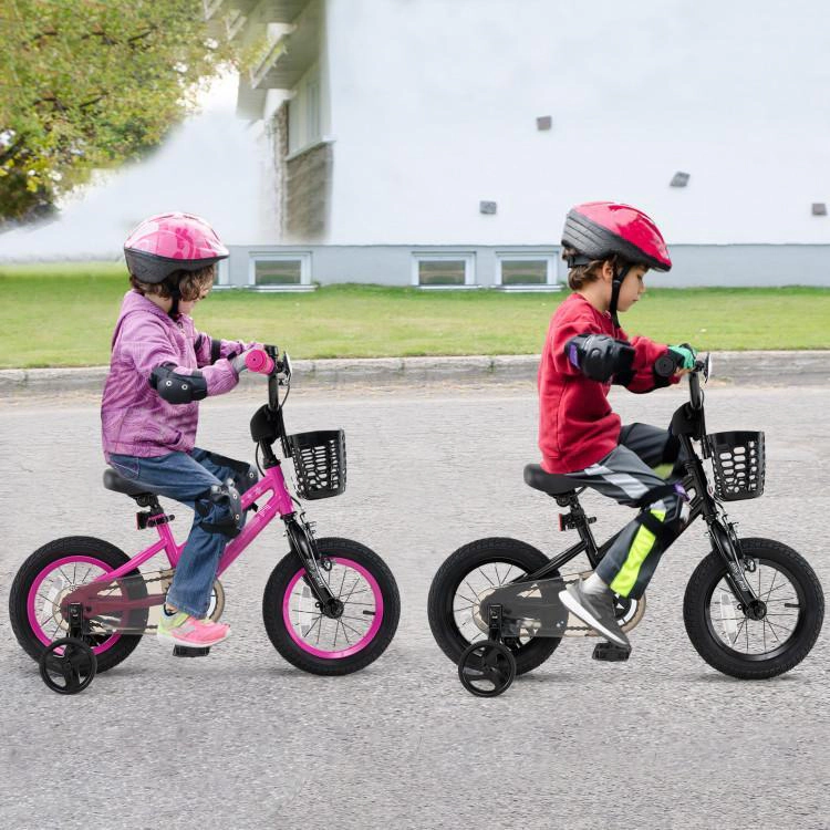 SUGIFT Pink Front Basket Training Wheels and Quick Release Seat Kids 14 Inch Bike