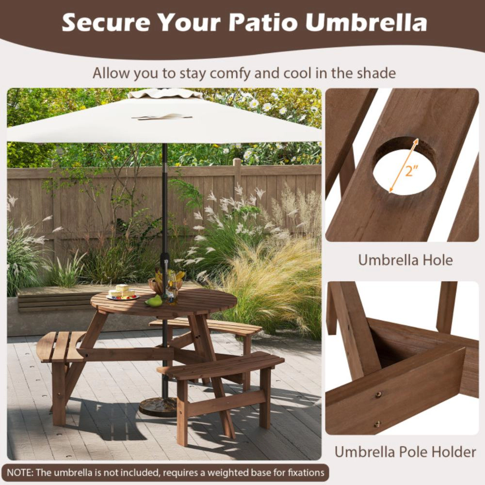 Hivvago 6-Person Round Picnic Table Set With 3 Built-In Benches And Umbrella Hole