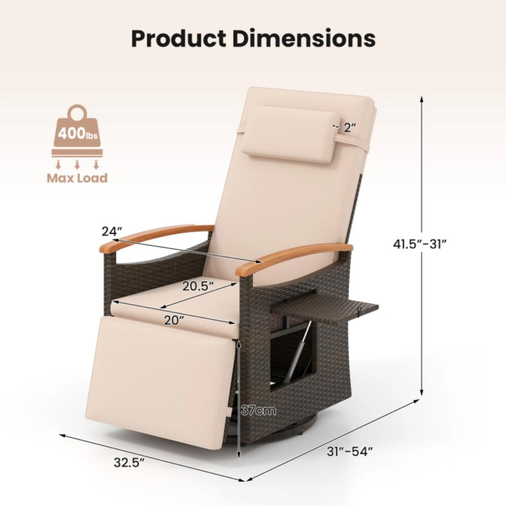 Hivvago Patio Rattan 360 Degree Swivel Recliner Chair With Adjustable Backrest And Footrest