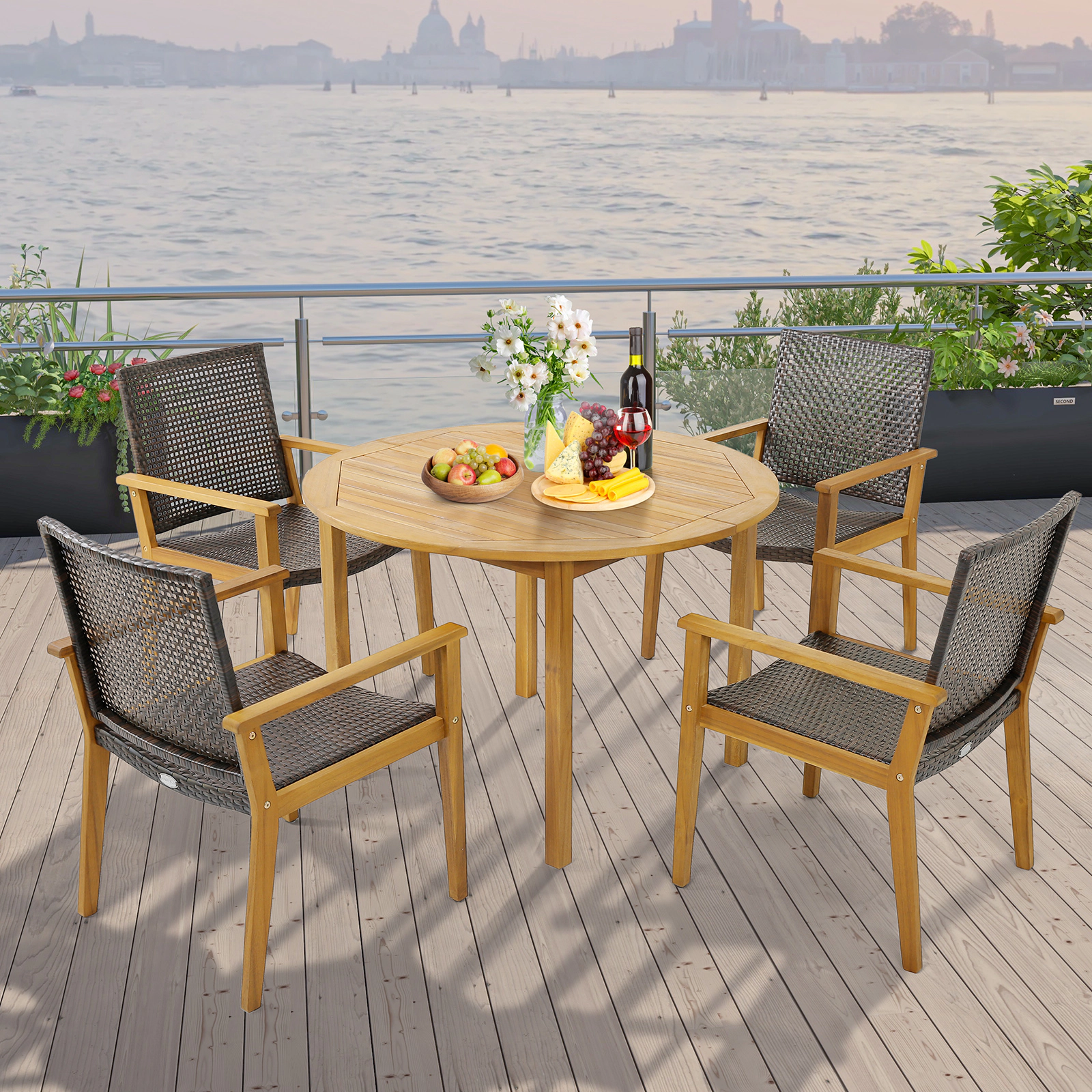 LJG Set of 4 Outdoor Rattan Chair with Sturdy Acacia Wood Frame