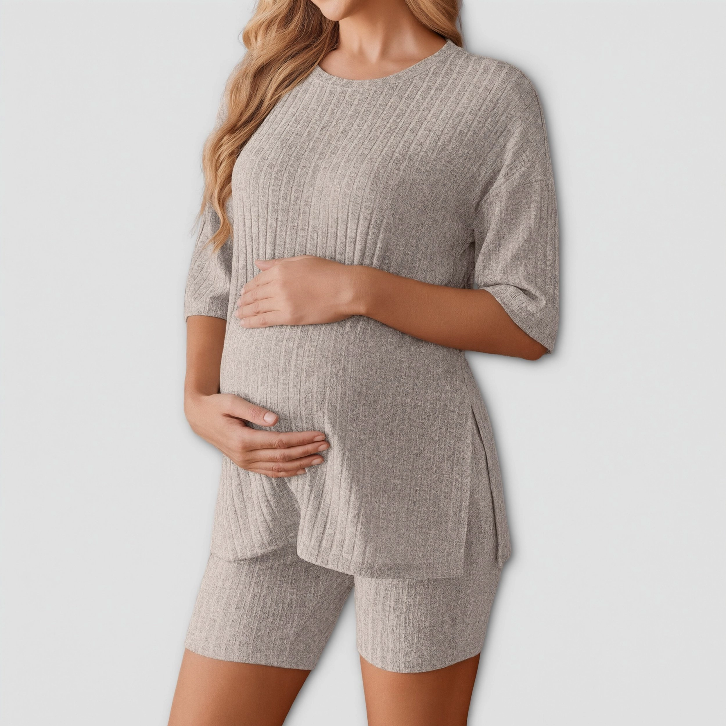 Ekouaer Women Maternity Lounge Set Two Piece Outfits Shirts and Biker Shorts Pregnancy Pajamas Mama