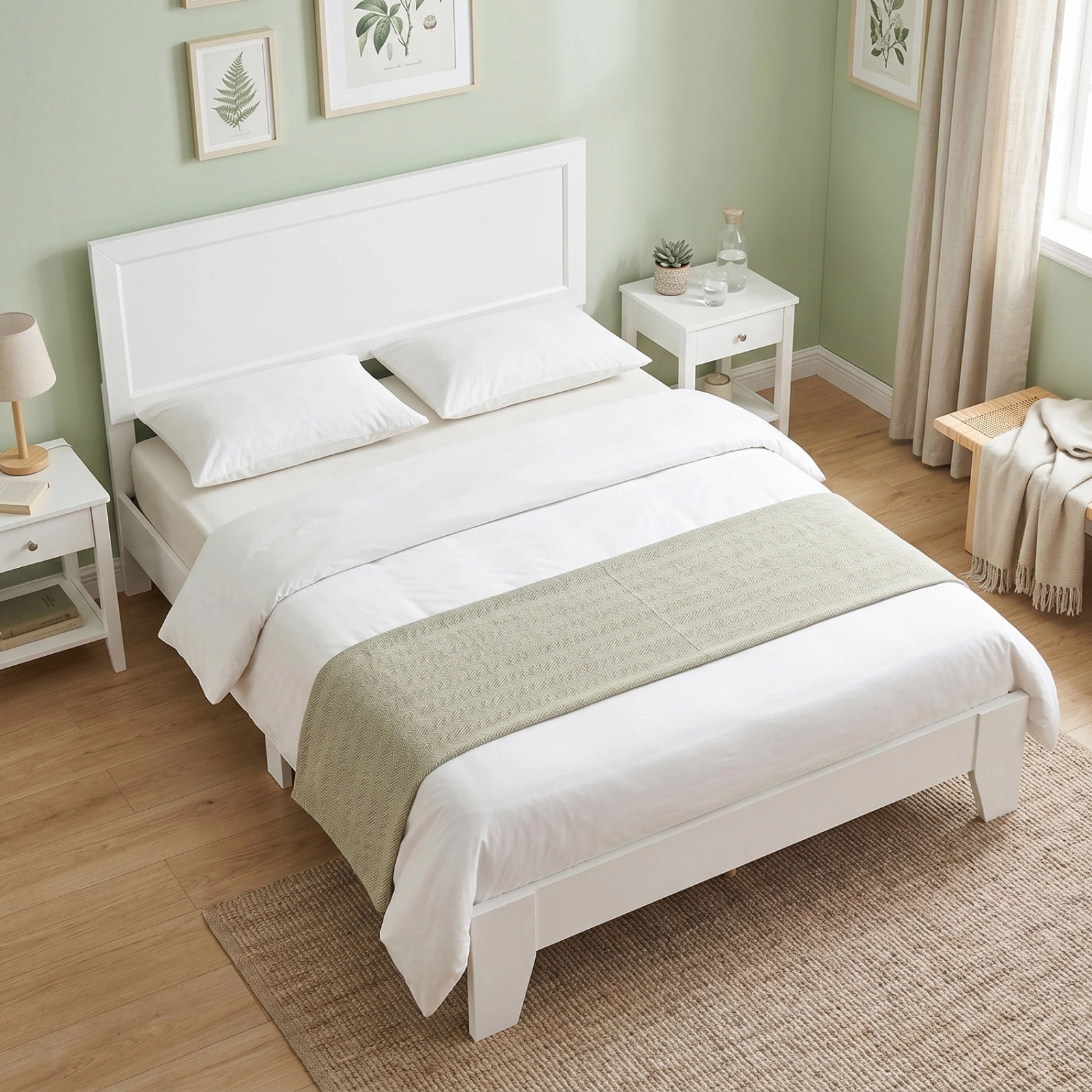 Queen Size Modern Wood Platform Bed Frame with Mid-Century Headboard Tapered Legs Wooden Slat Support White