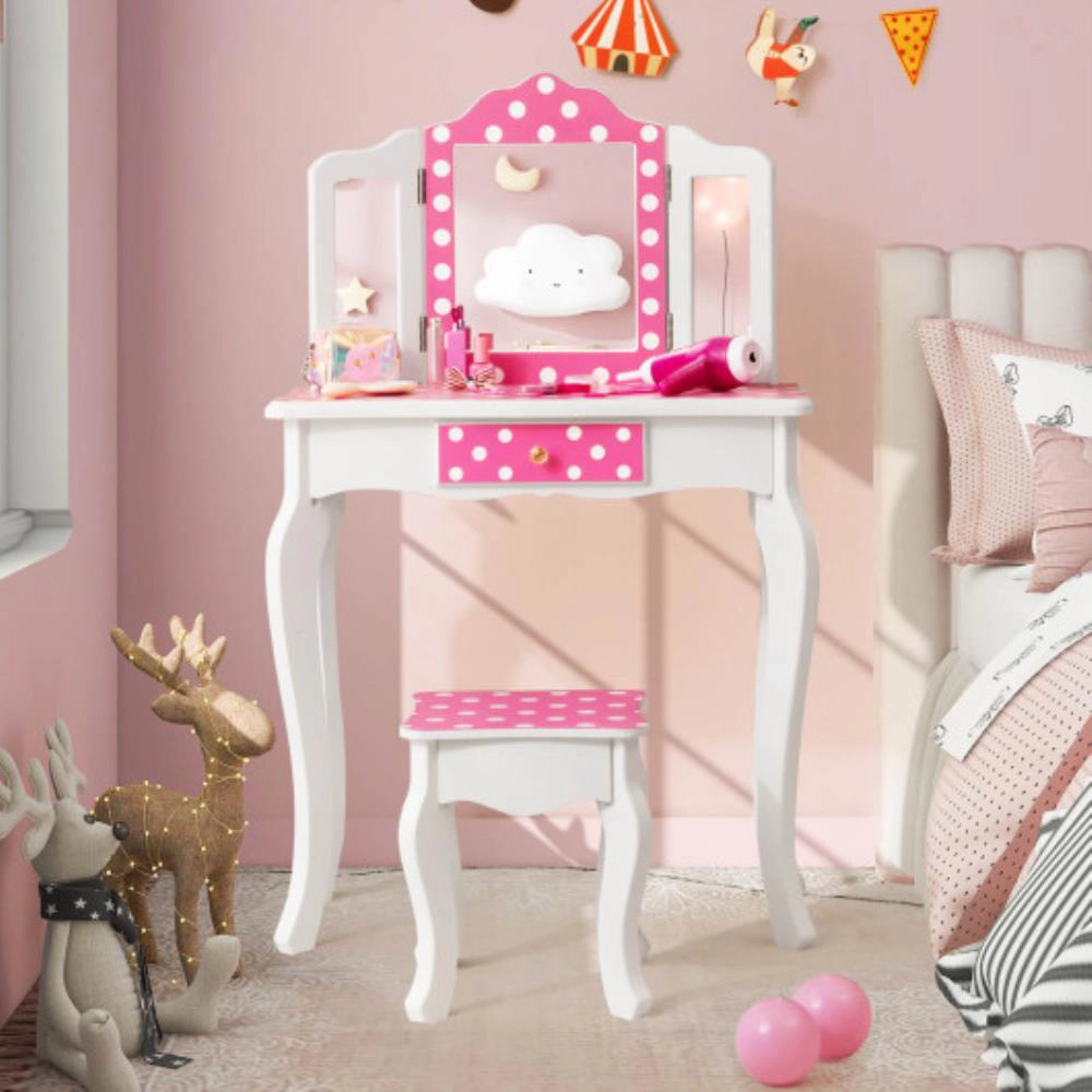 Hivvago Kids Vanity Table And Stool Set With Cute Polka Dot Print-Pink