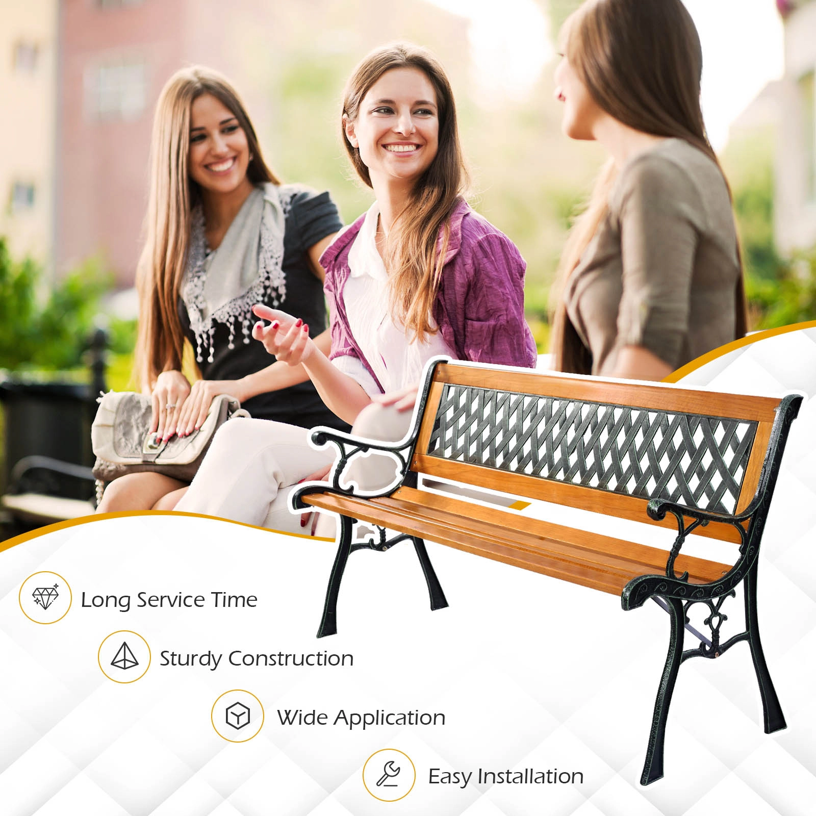 SUGIFT 3-Seat Lattice Back Natural Wood Slats Cast Iron Patio Bench 49.5-in x 20.5-in x 29-in 463-lb Capacity Black