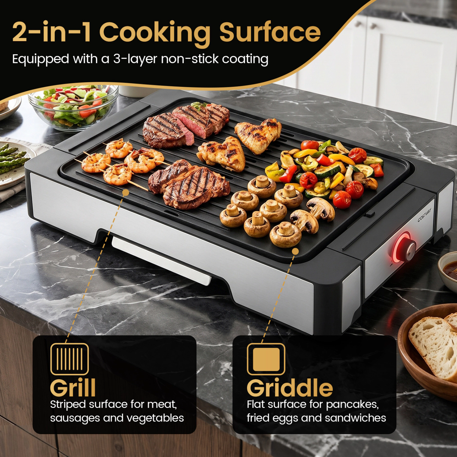 LJG 2300W Electric Griddle with Nonstick Die Cast Aluminum Cooking Surface