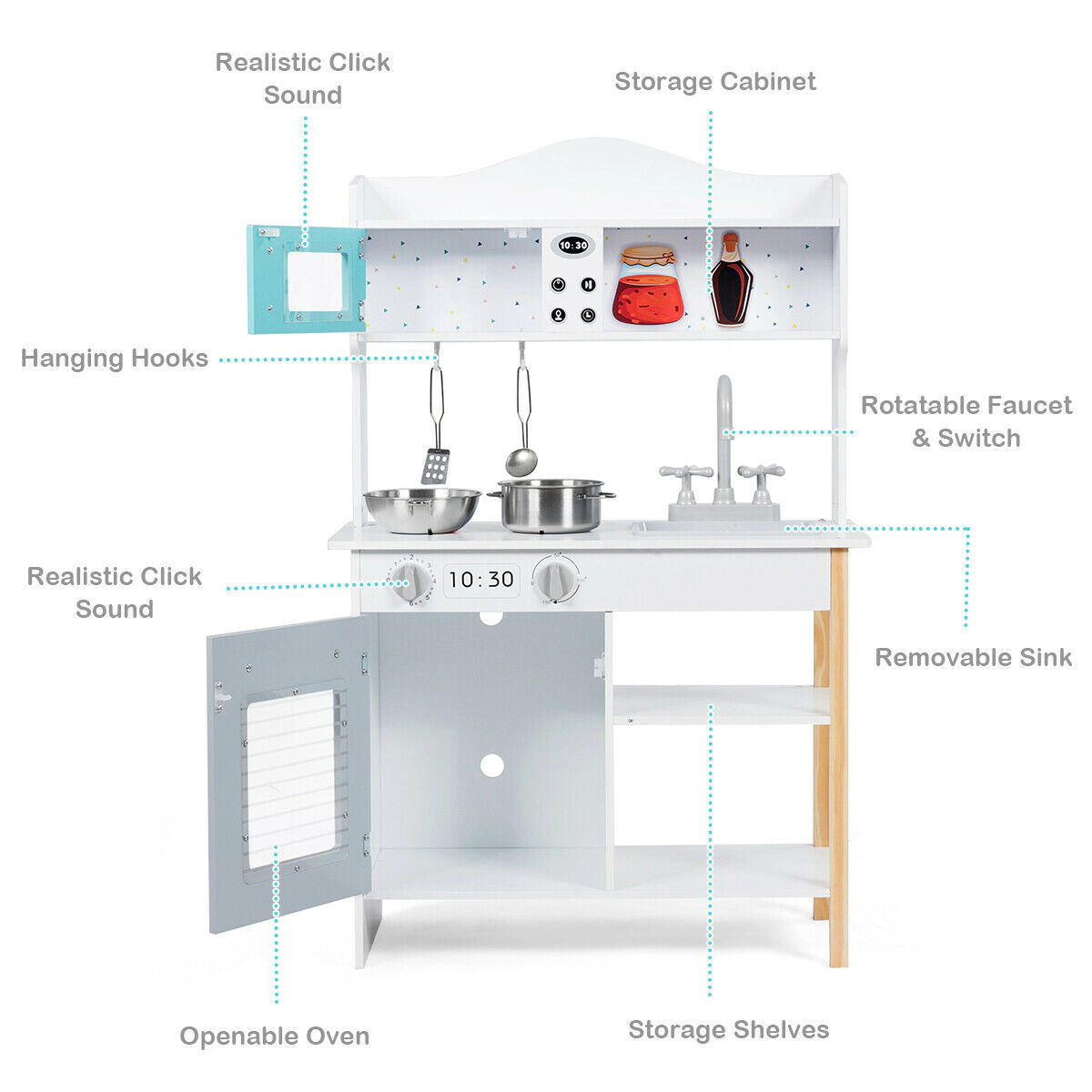 SUGIFT White Stove Sink and Storage Shelves Kids Wooden Play Kitchen Cookware Set