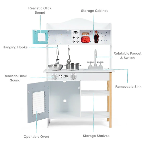 SUGIFT White Wooden Kids Kitchen Playset with Stove Sink and Storage Shelves 23.5-in W 12-in D 37-in H