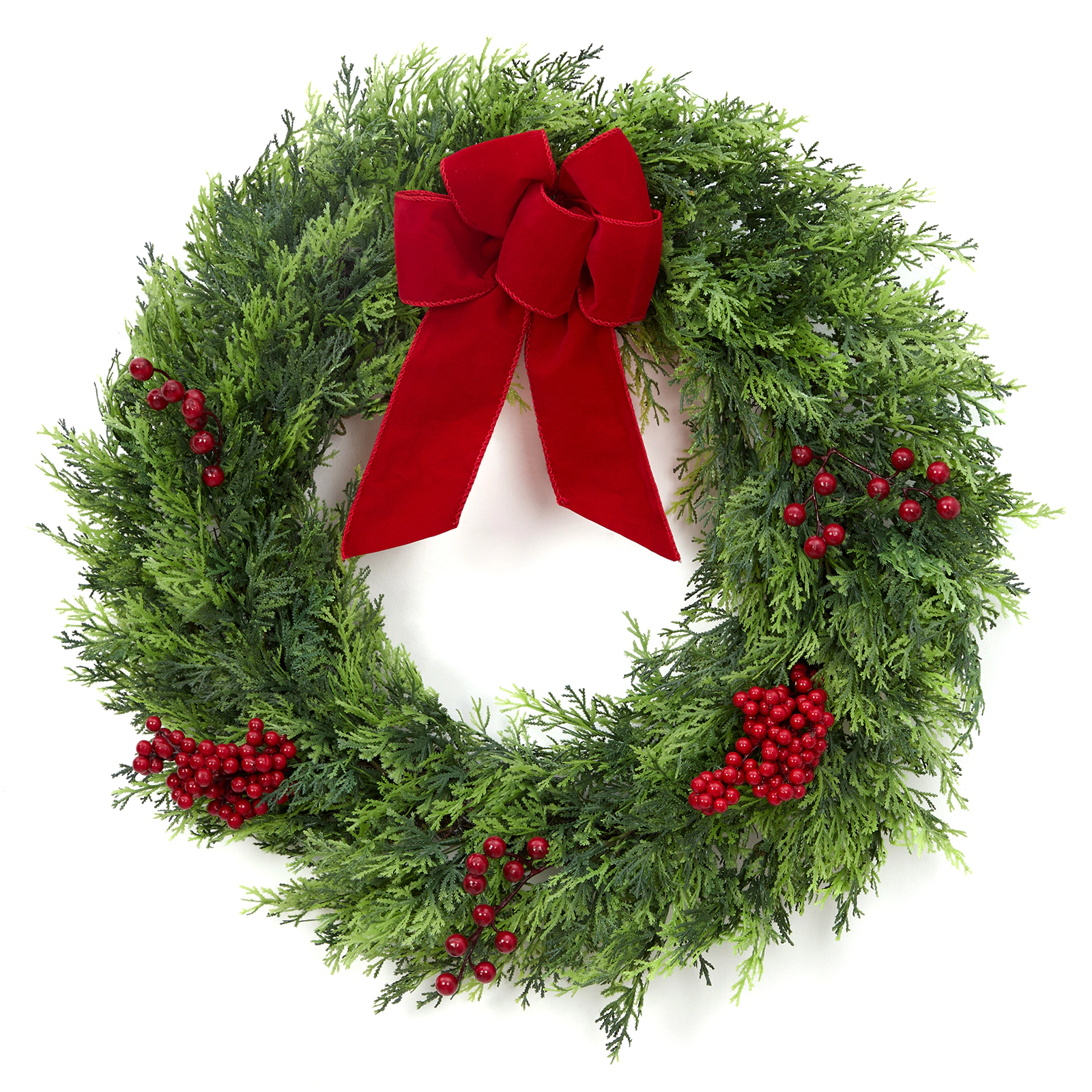 BebreezChic 24" Artificial Xmas Cypress Wreath, Berries & Crimson Velvet Cake Bow, Front Door, Indoor/Outdoor, Green