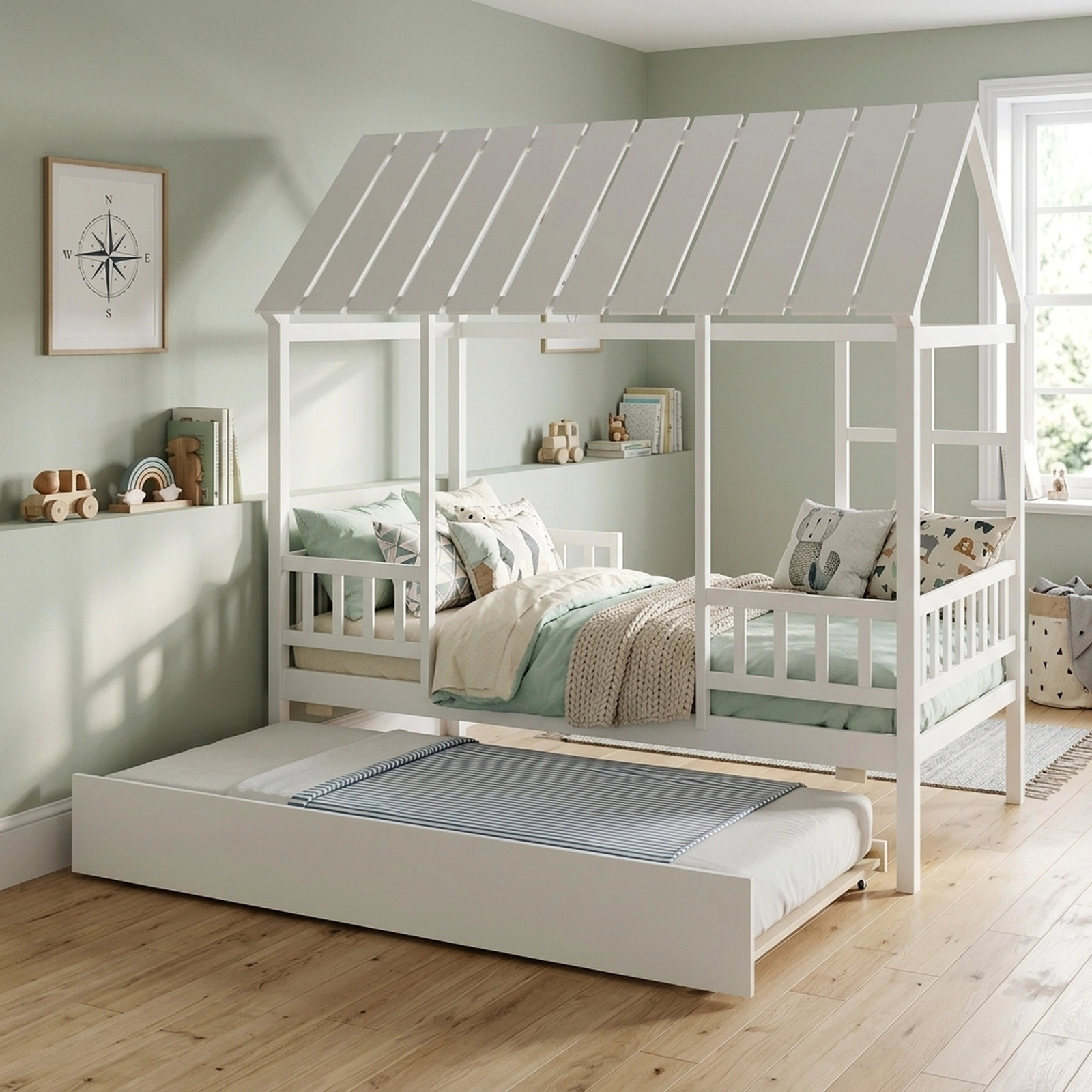 SUGIFT Twin House Bed with Trundle, Roof Window, Guardrails, White Pine Wood