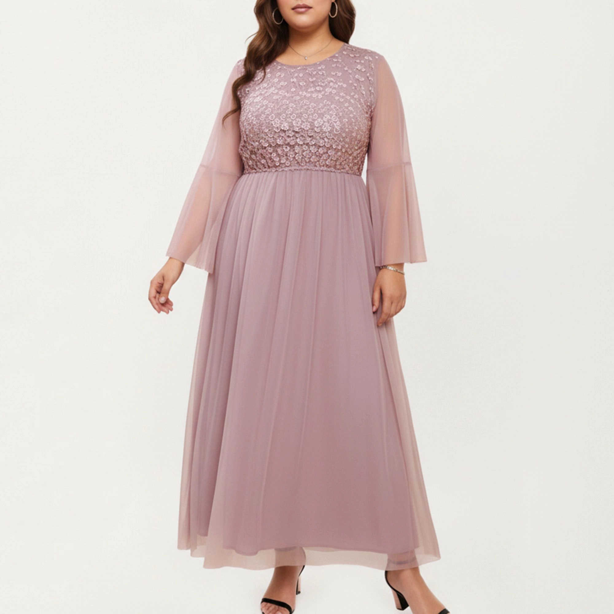 Anna-Kaci Women's Plus Long Sleeve Embroidered Mesh Flowy Skirt Defined Waist Midi Dress