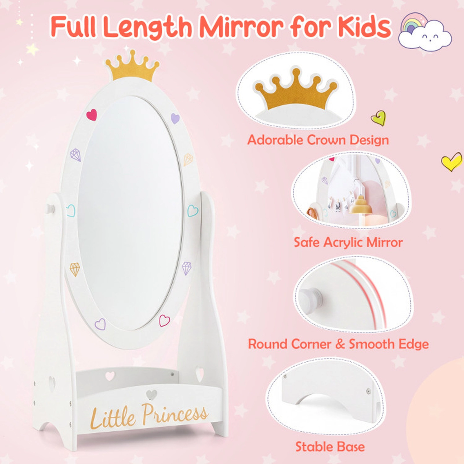 SUGIFT 360-Degree Rotating Frame and Storage Shelf Kids Full Length Mirror