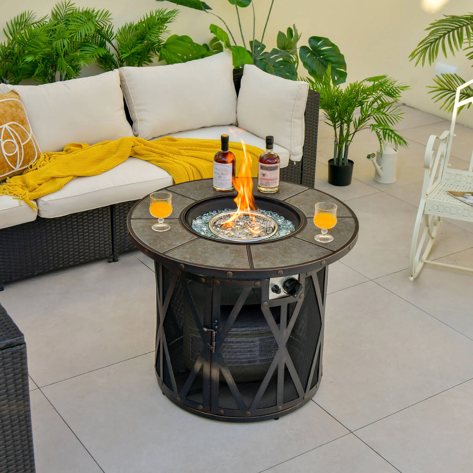 SUGIFT 32-Inch Propane Fire Pit Table, 30,000 BTU, Ceramic Tile Top, Fire Glass and PVC Cover