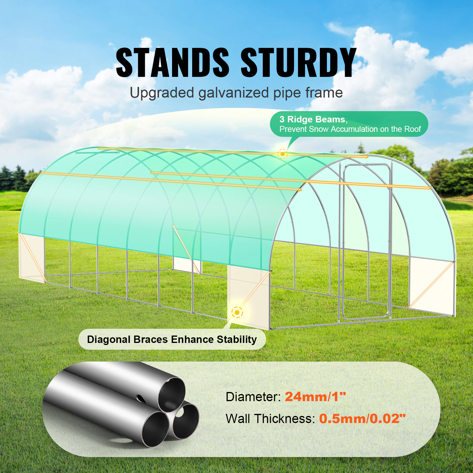 HONGGE Walk-In Tunnel Greenhouse 27.4 x 9.5 x 7.4 ft, Galvanized Steel Frame, Green PE Cover