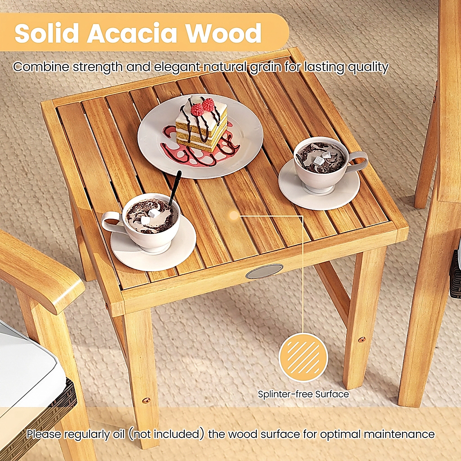 SUGIFT Patio Conversation Bistro Set PE Wicker & Acacia Wood 400-lb Chairs 180-lb Table Off White Cushions Mix Brown