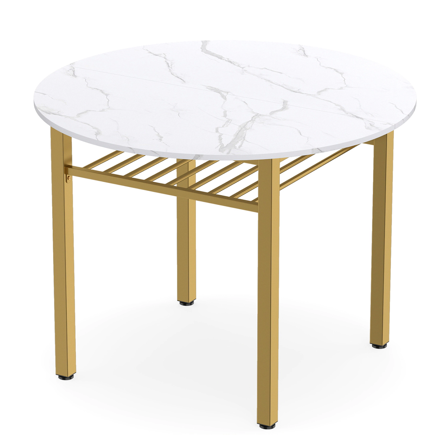 SUGIFT 40-in Round Kitchen Table with 8-in Storage Shelf and Metal Frame 250-lb Capacity 30-in Tall White + Gold