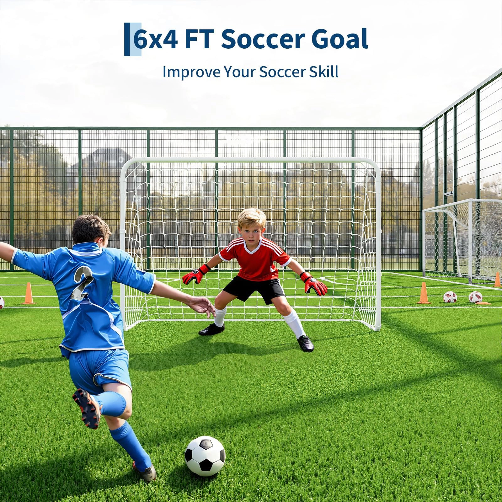 6x4 FT Kids Soccer Goal Set with Portable Training Net, Foldable Backyard Soccer Goal with Ball & Storage Bag