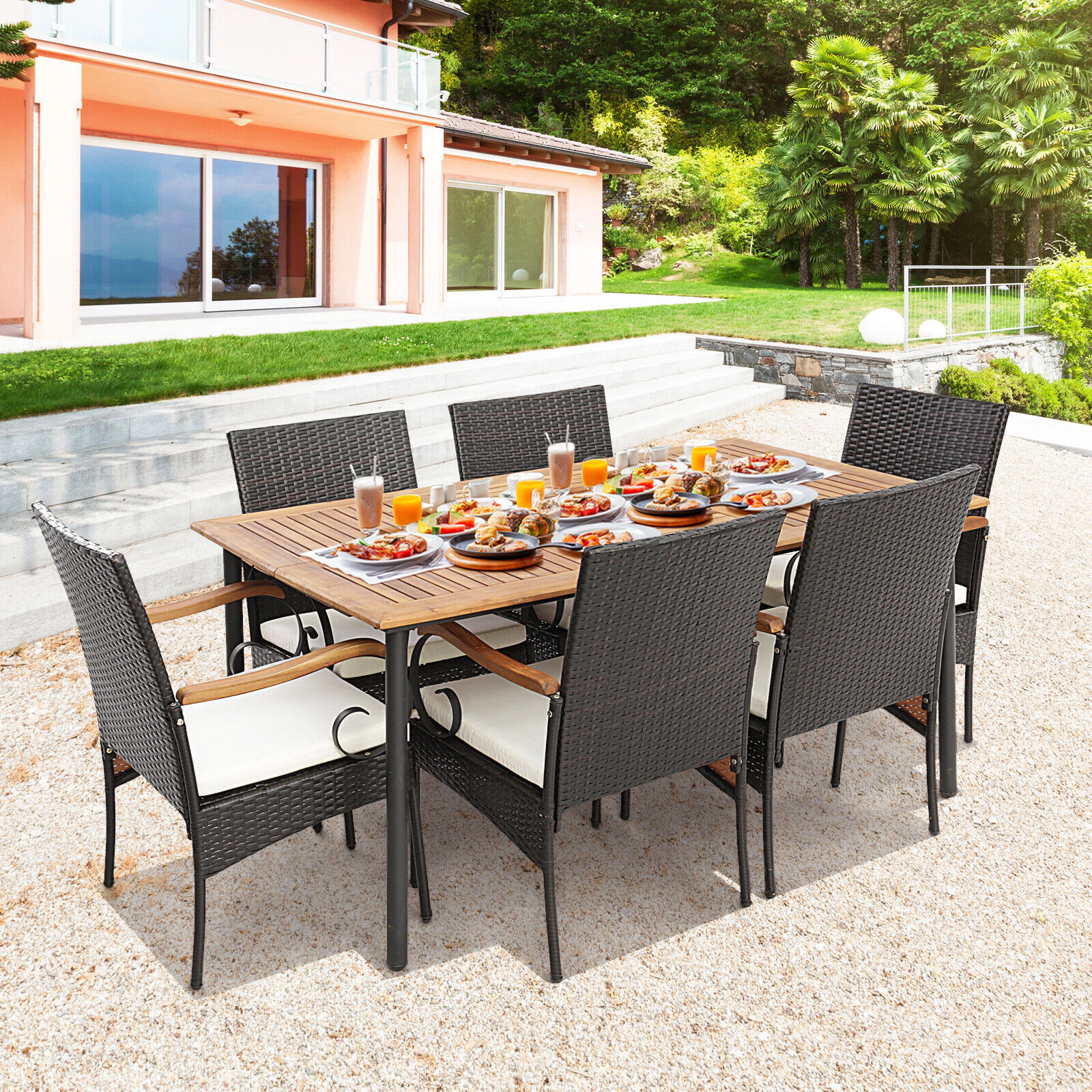 SUGIFT 7 Piece Patio Wicker Dining Set Natural with 63 in Table and 6 Cushioned Chairs