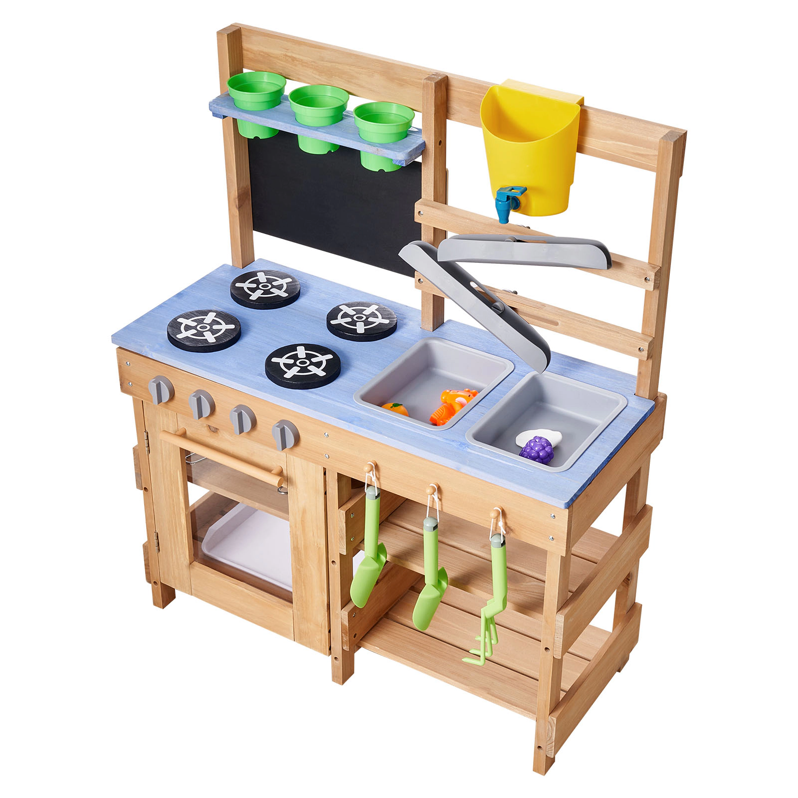 HONGGE Mud Kitchen, Outdoor Kitchen for Kids, Wood Play Kitchens with Sink, Tank, Shovels