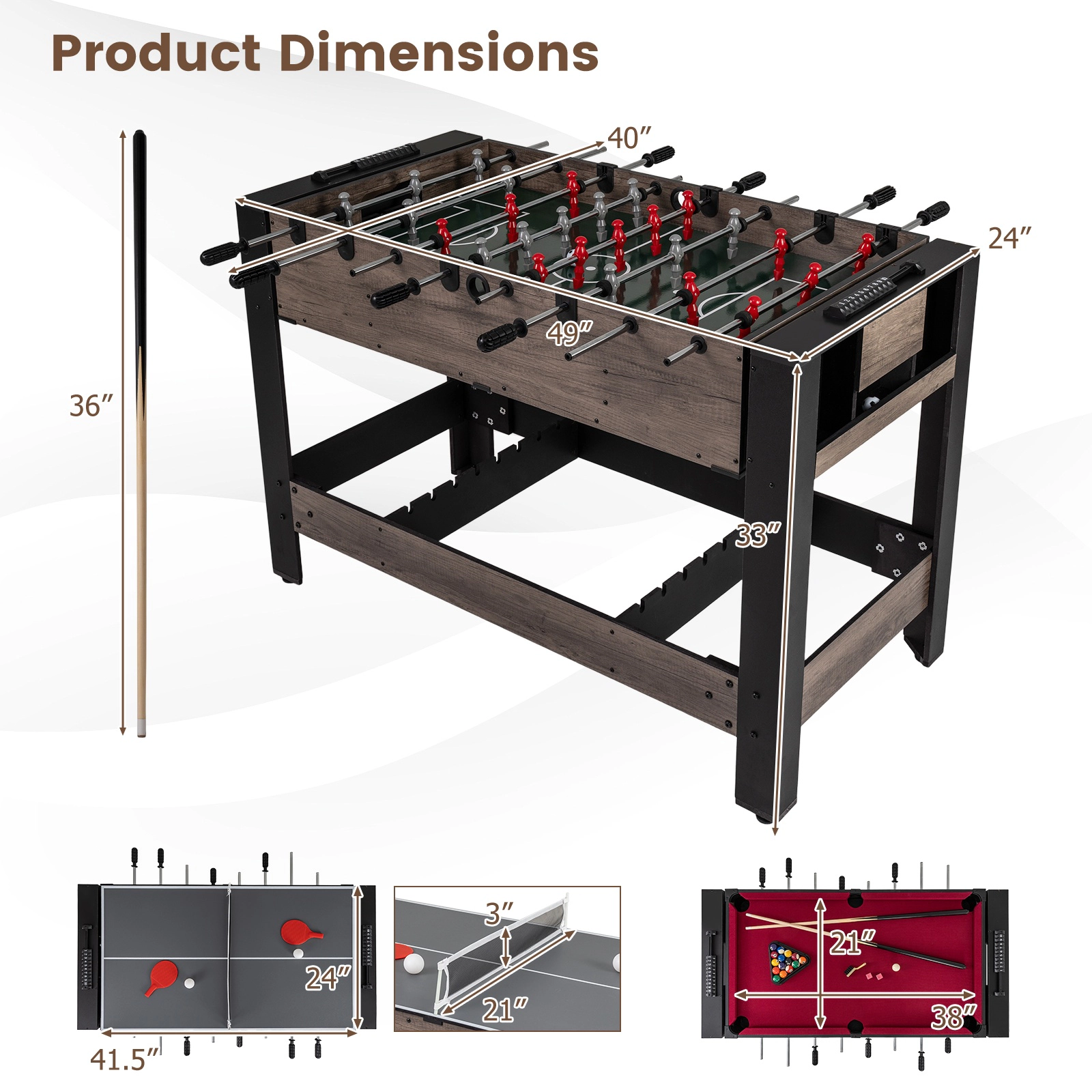 SUGIFT 3-in-1 Flip-Top Combo Game Table with Foosball Pool and Table Tennis 49-in Frame Black & Brown