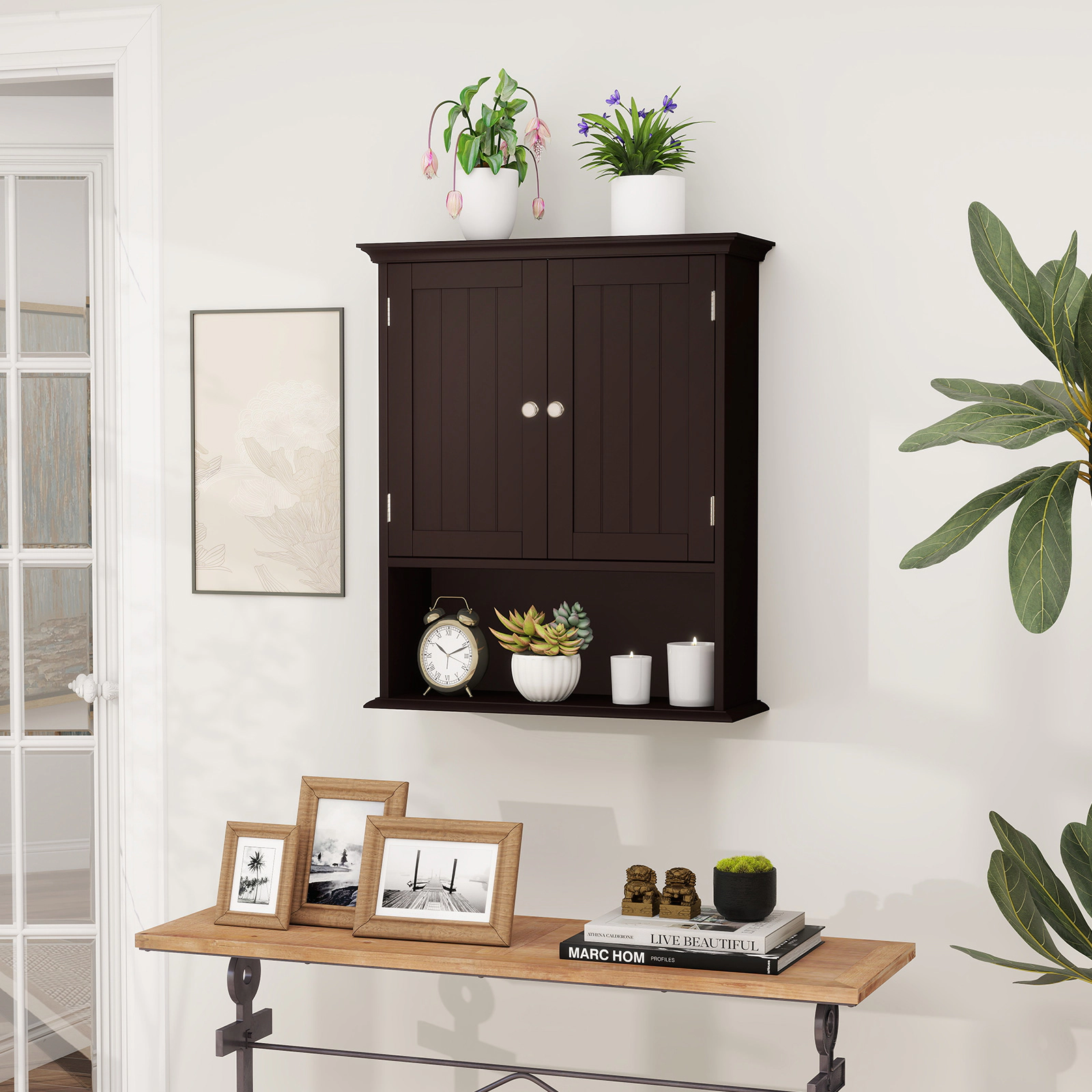 SUGIFT 2-Door Wall Mounted Open Shelf Bathroom Organizer Cabinet 23.5-in x 7.5-in x 28-in 11-lb per Level Brown