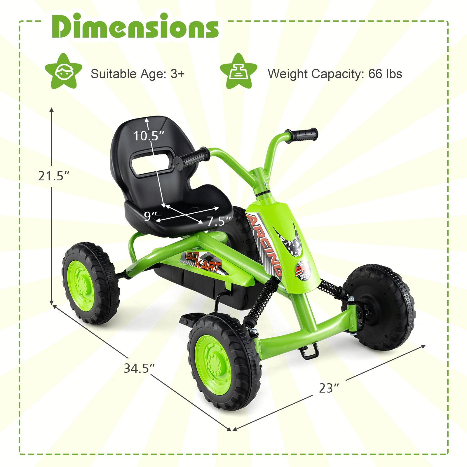 Costway Go Kart for Kids 4 Wheel Toddler Ride On Pedal Car w/ Steering Handlebars Pink