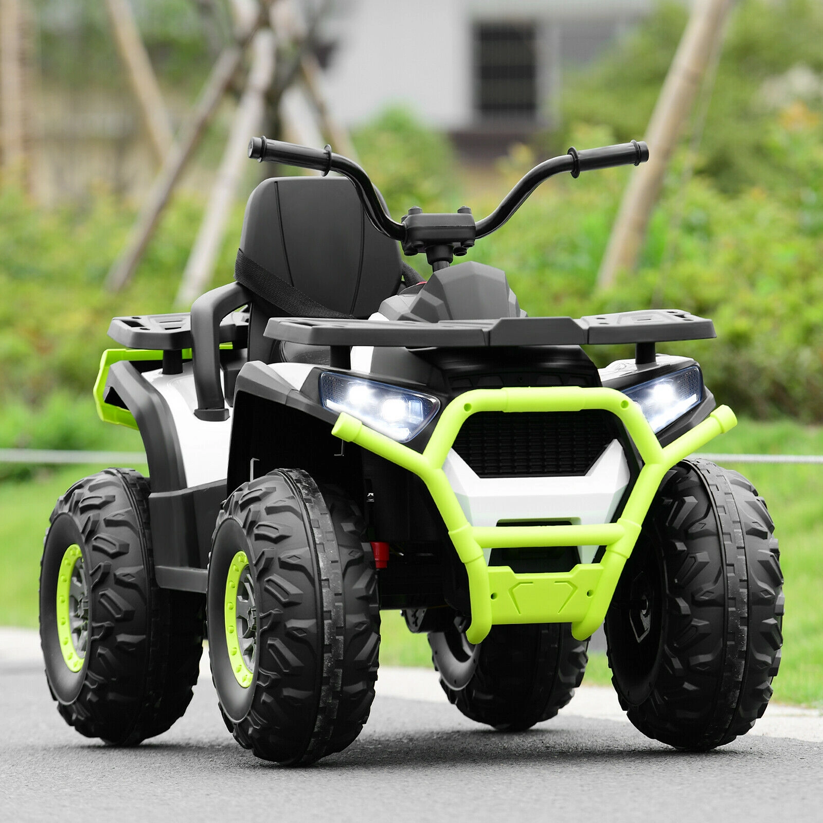 12V Kids ATV 4-Wheeler Quad Electric Ride On Car MP3 Player LED Lights High Low Speed and Safety Belt Ages 3+ White