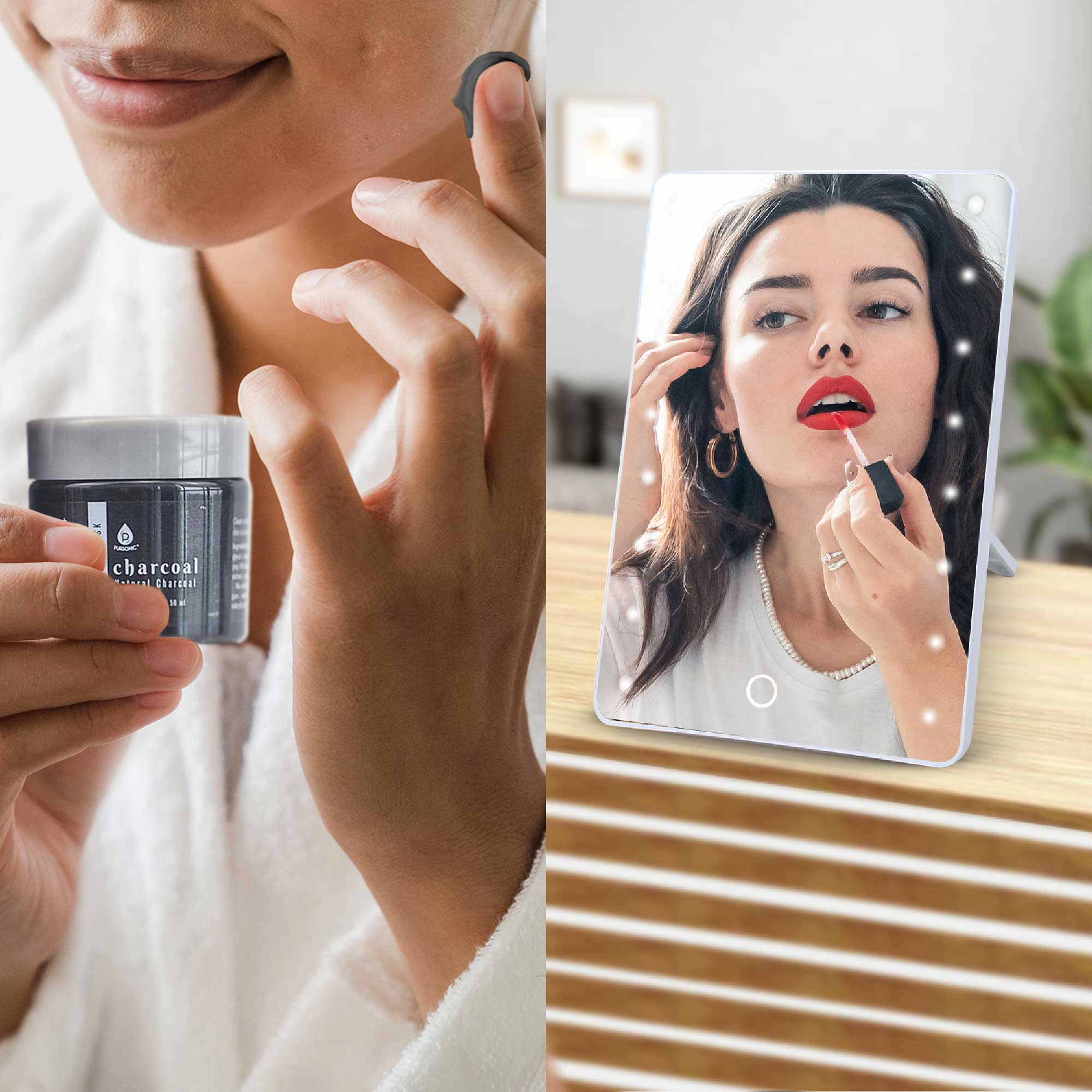 Pursonic Women's Touchscreen LED Vanity Mirror and Luxurious Gel & Mud Face Mask Set