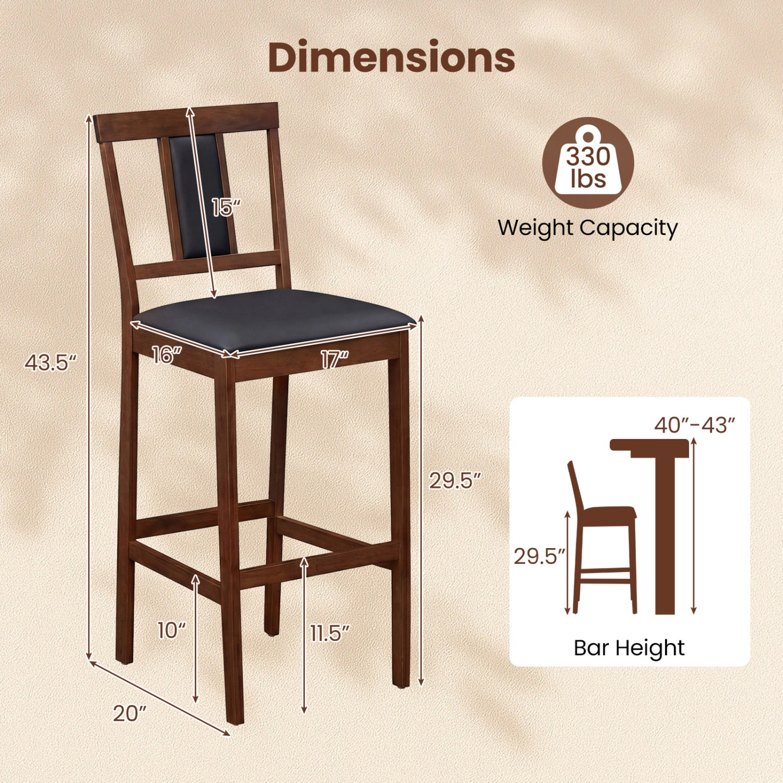 SUGIFT Upholstered Bar Stools 29.5-in Bar Height 300-lb Capacity White + Gray / Walnut + Black Set of 2
