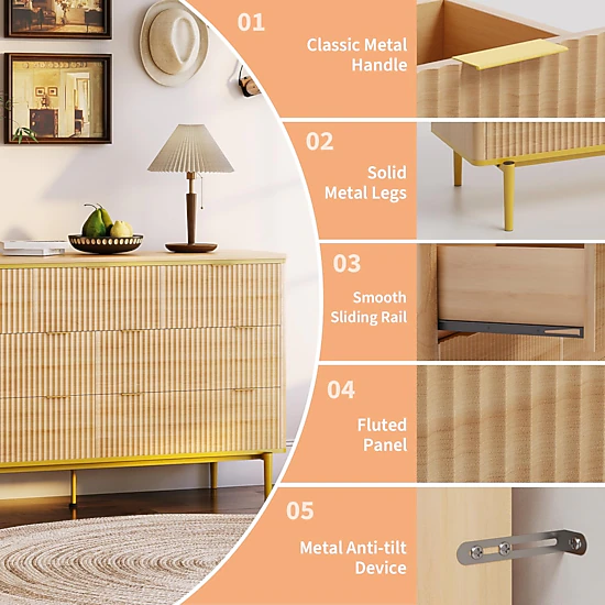 Fluted 7 Drawer Dresser with Gold Handles Curved Profile Design, 54" Wide Modern Wood Storage Cabinet & TV Stand