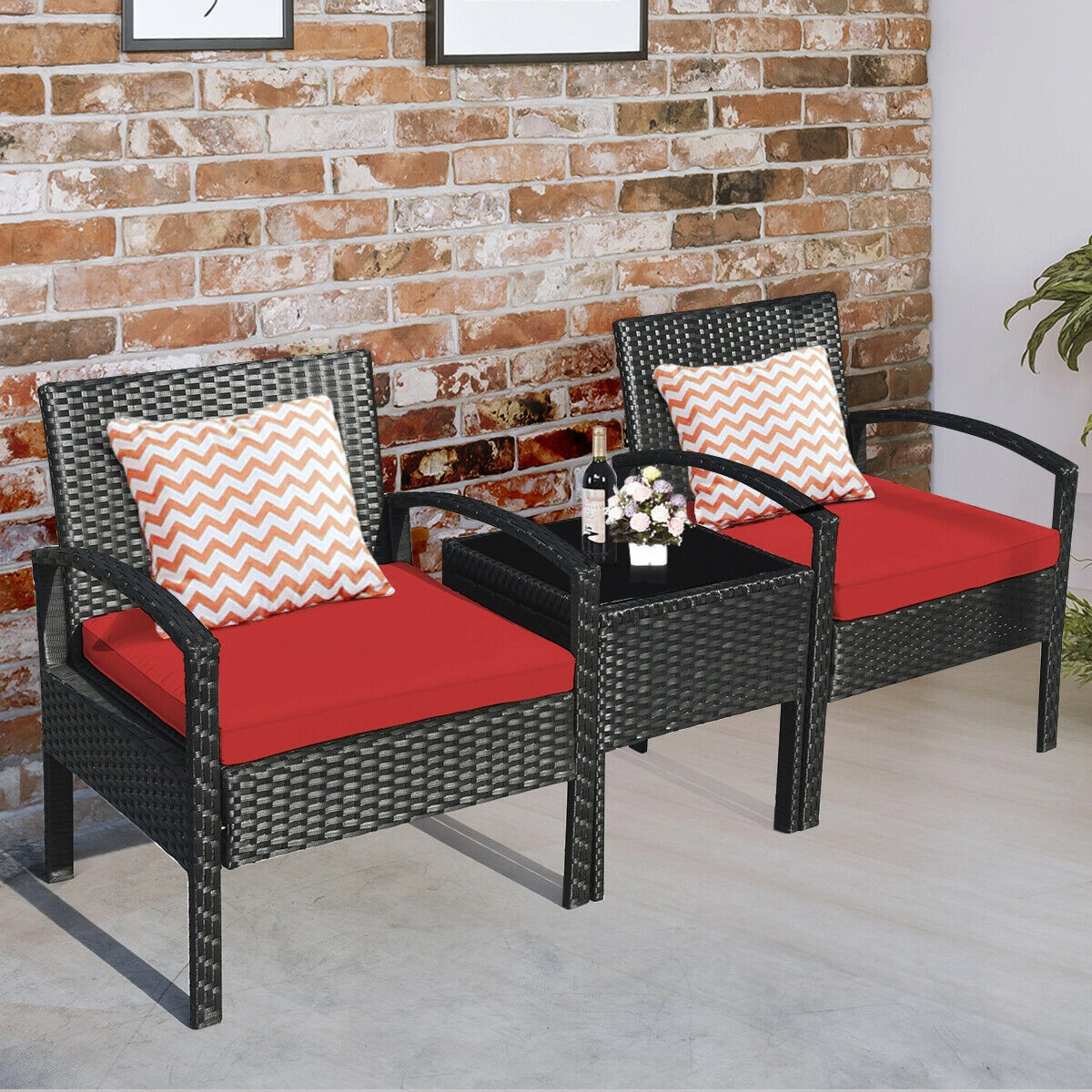 SUGIFT Red Seat Cushions and Side Table 3-Piece Outdoor Rattan Conversation Set
