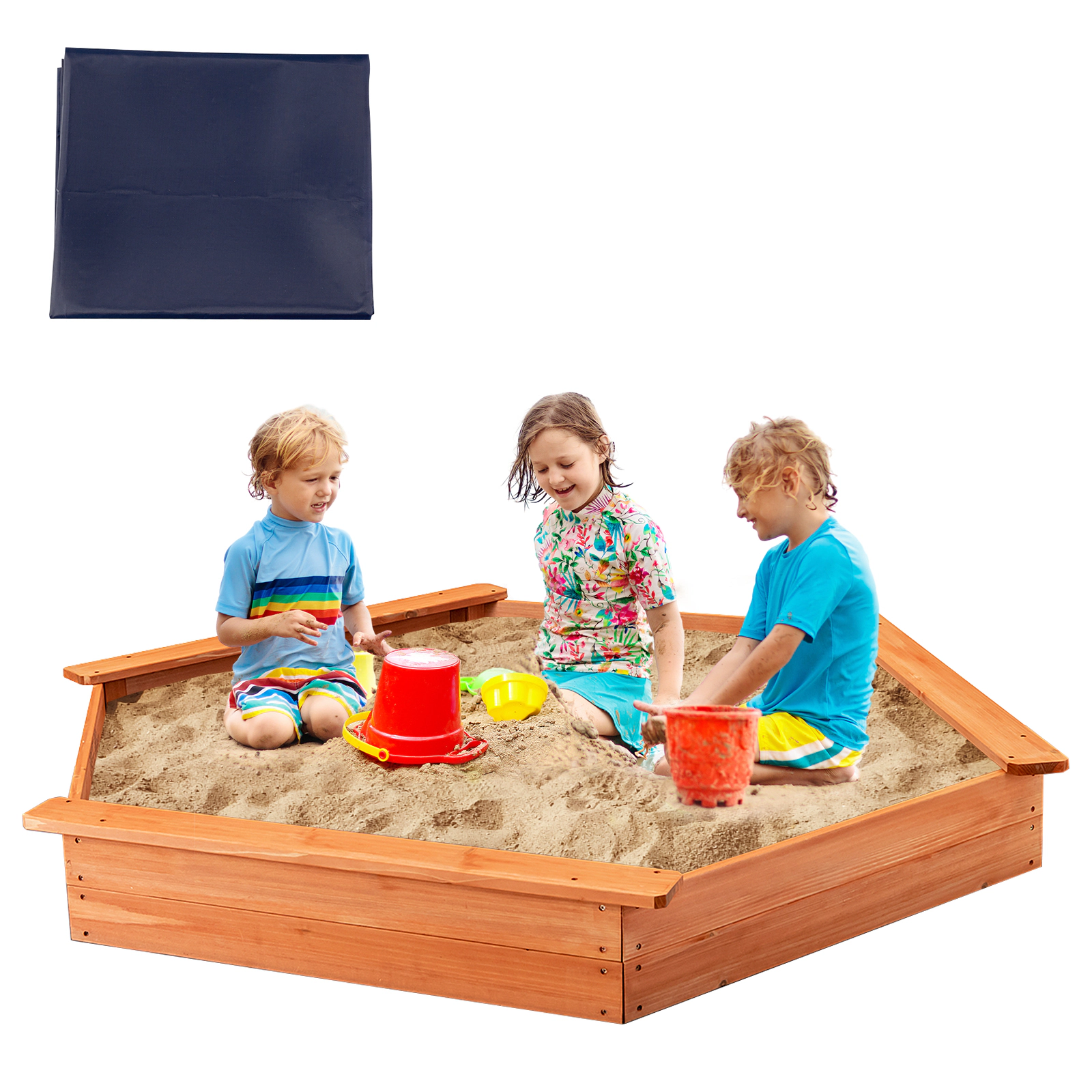 LJG Kids Hexagon Wooden Cedar Sand Box with Seat Boards