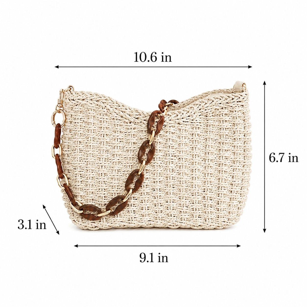 Alilang Women's Woven Shoulder Bag with Chain Strap Zip Closure and Interior Slip Pocket, Beige