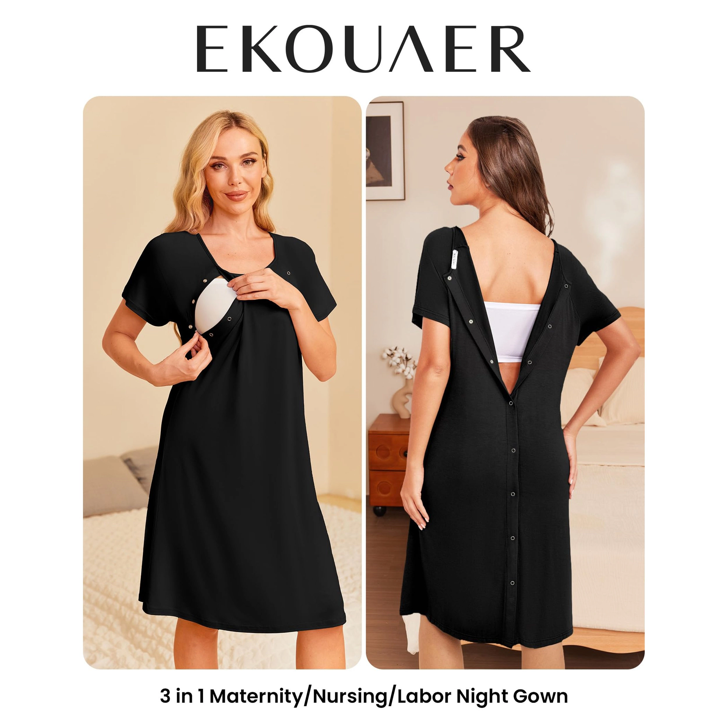 Ekouaer Women Maternity Nightgown 1 Labor Nursing Breastfeeding Gown Short Sleeve Button Down