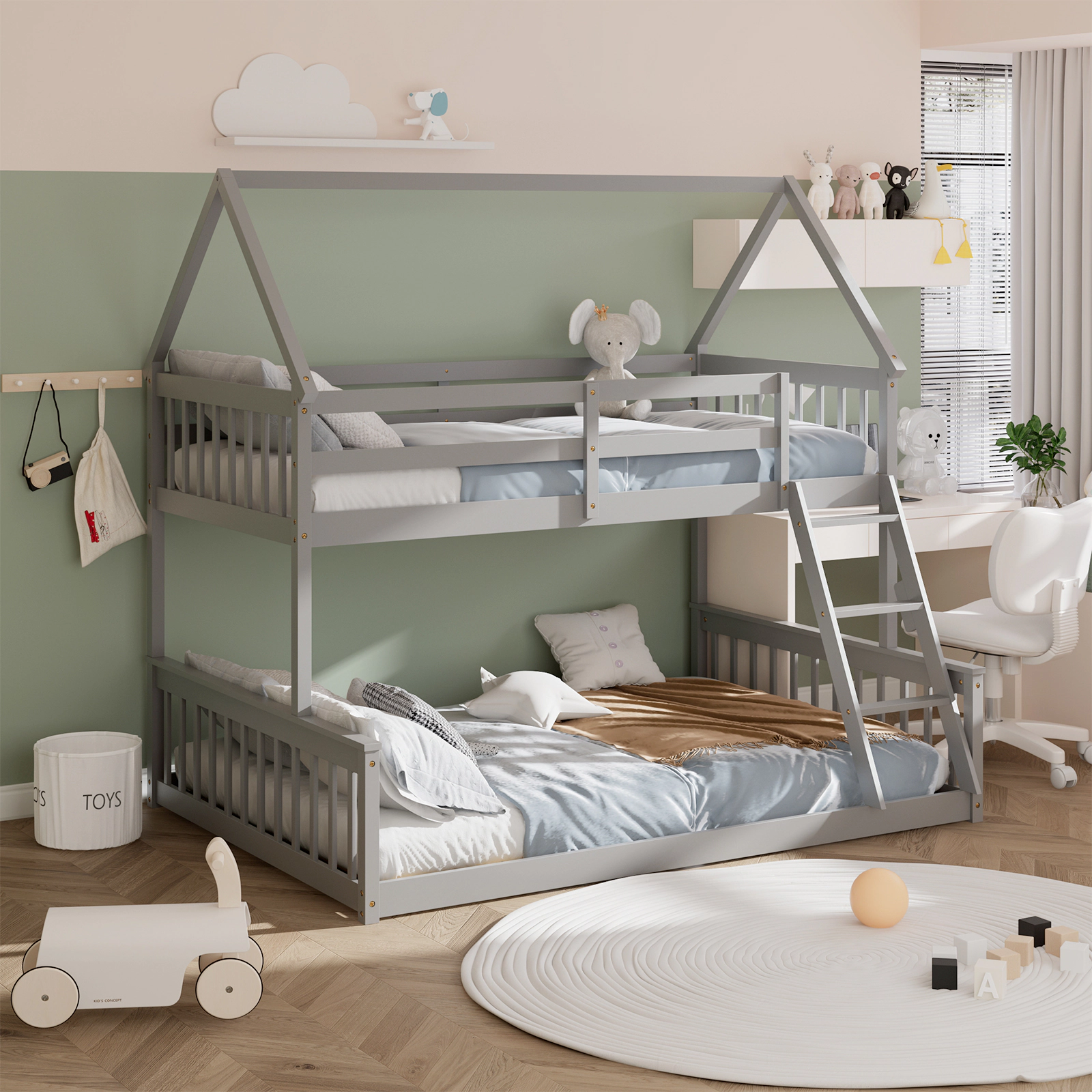 SUGIFT Gray Ladder Roof Frame and Guardrails Twin Over Full Kids House Bunk Bed
