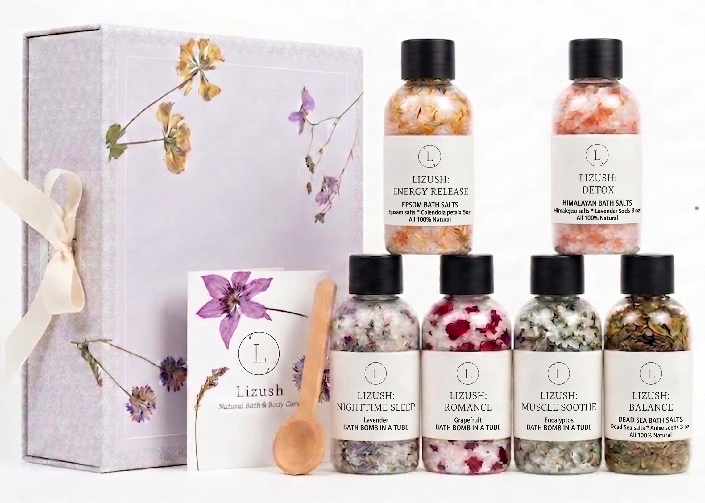 Lizush Deluxe Bath Salts Set of 6 in Glass Bottles - Spa at Home Gift Box