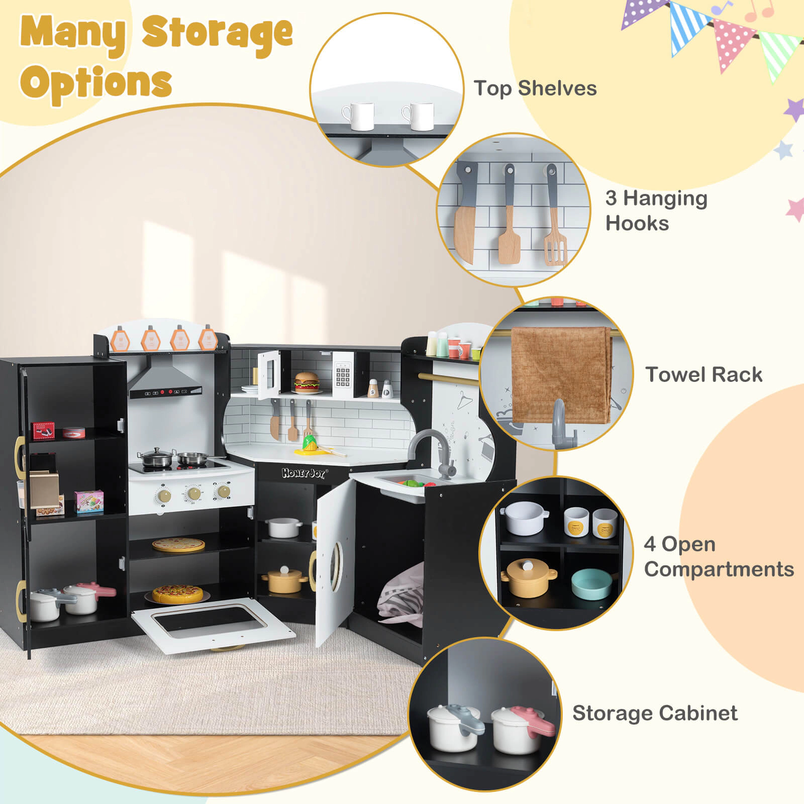 Costway Corner Play Kitchen Toddler Playset with Range Hood, Ice Maker, Microwave Pink