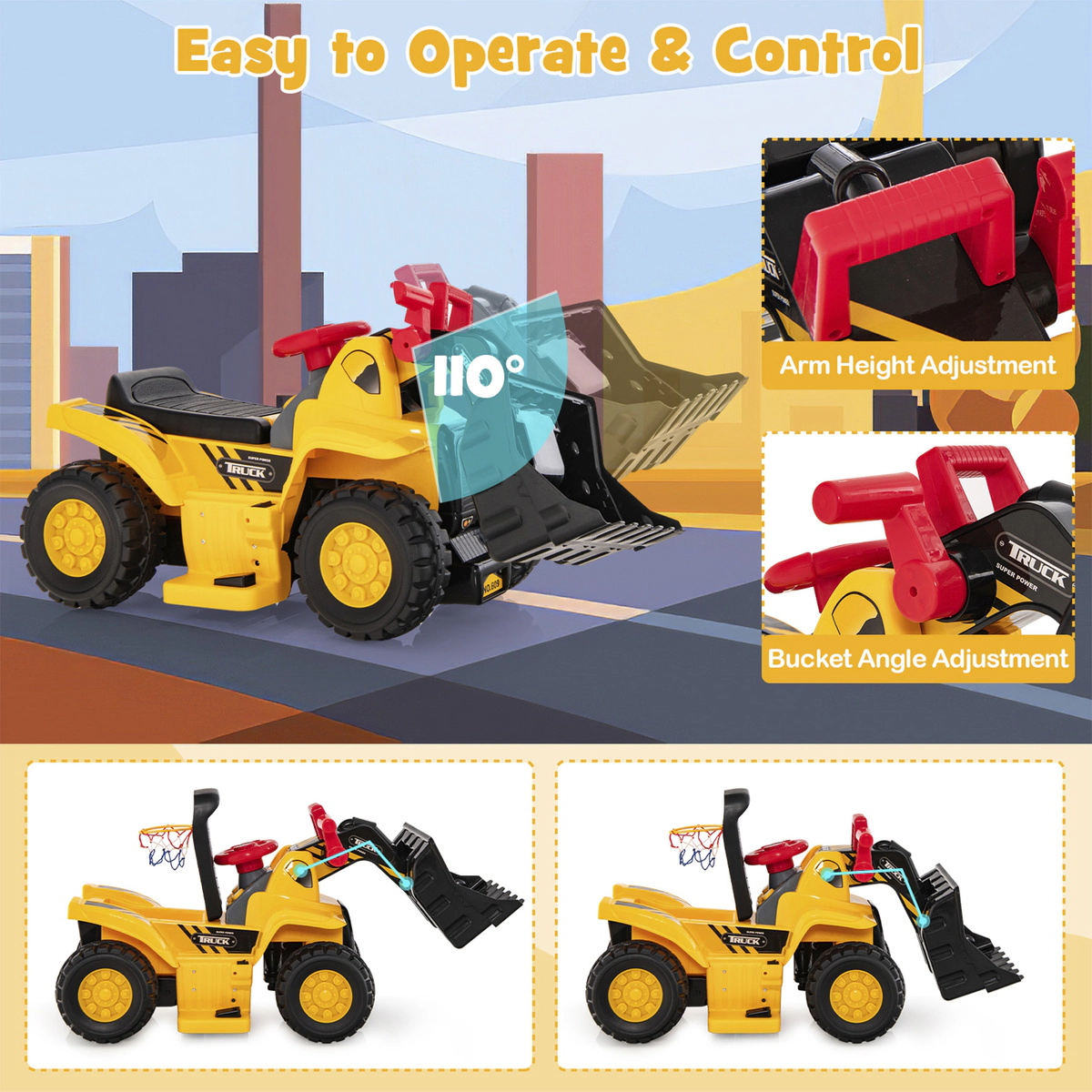 SUGIFT 6V Kids Ride On Bulldozer with Folding Basketball Hoop and 3 Spheres 55-lb Capacity Ages 2+ Yellow