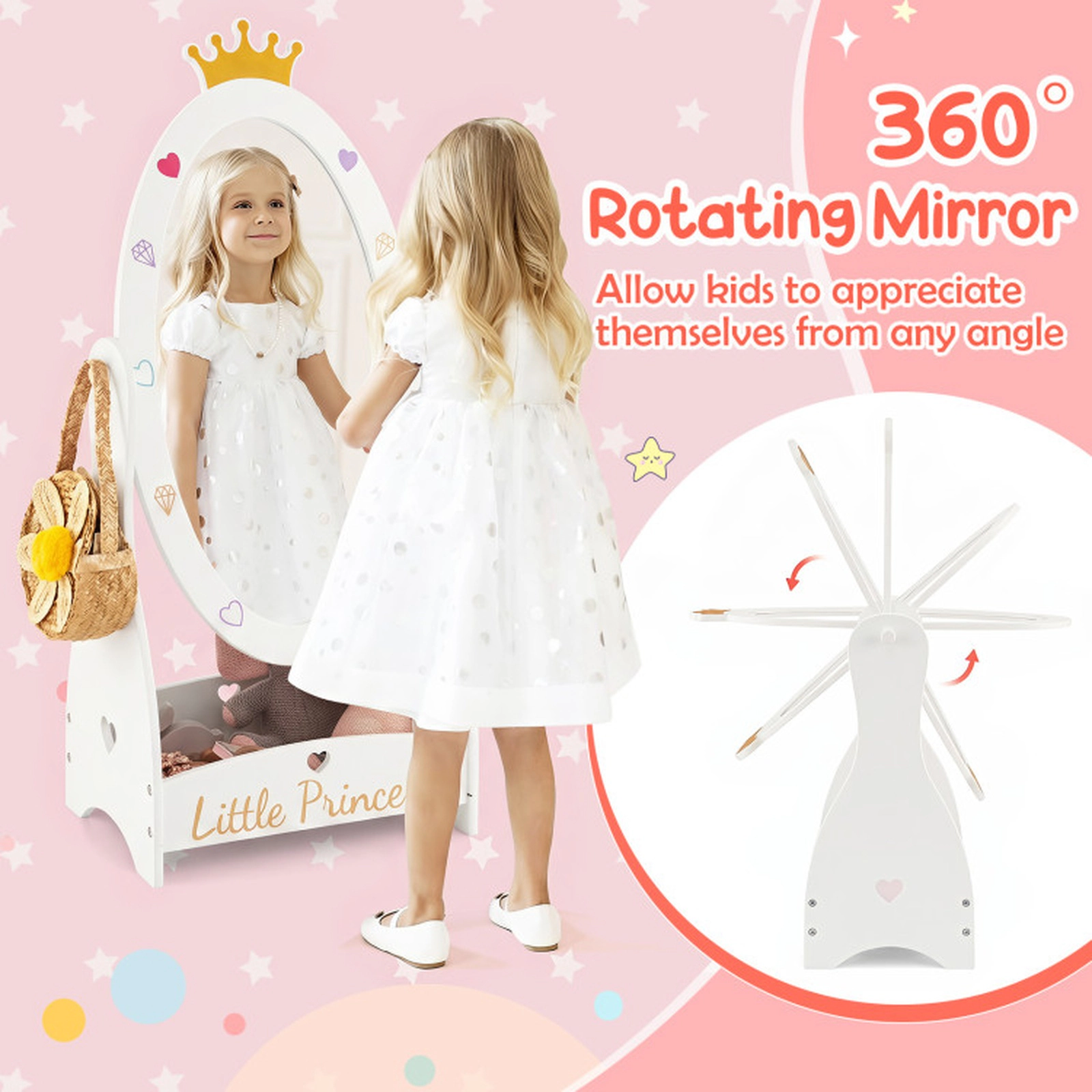 SUGIFT 360-Degree Rotating Frame and Storage Shelf Kids Full Length Mirror
