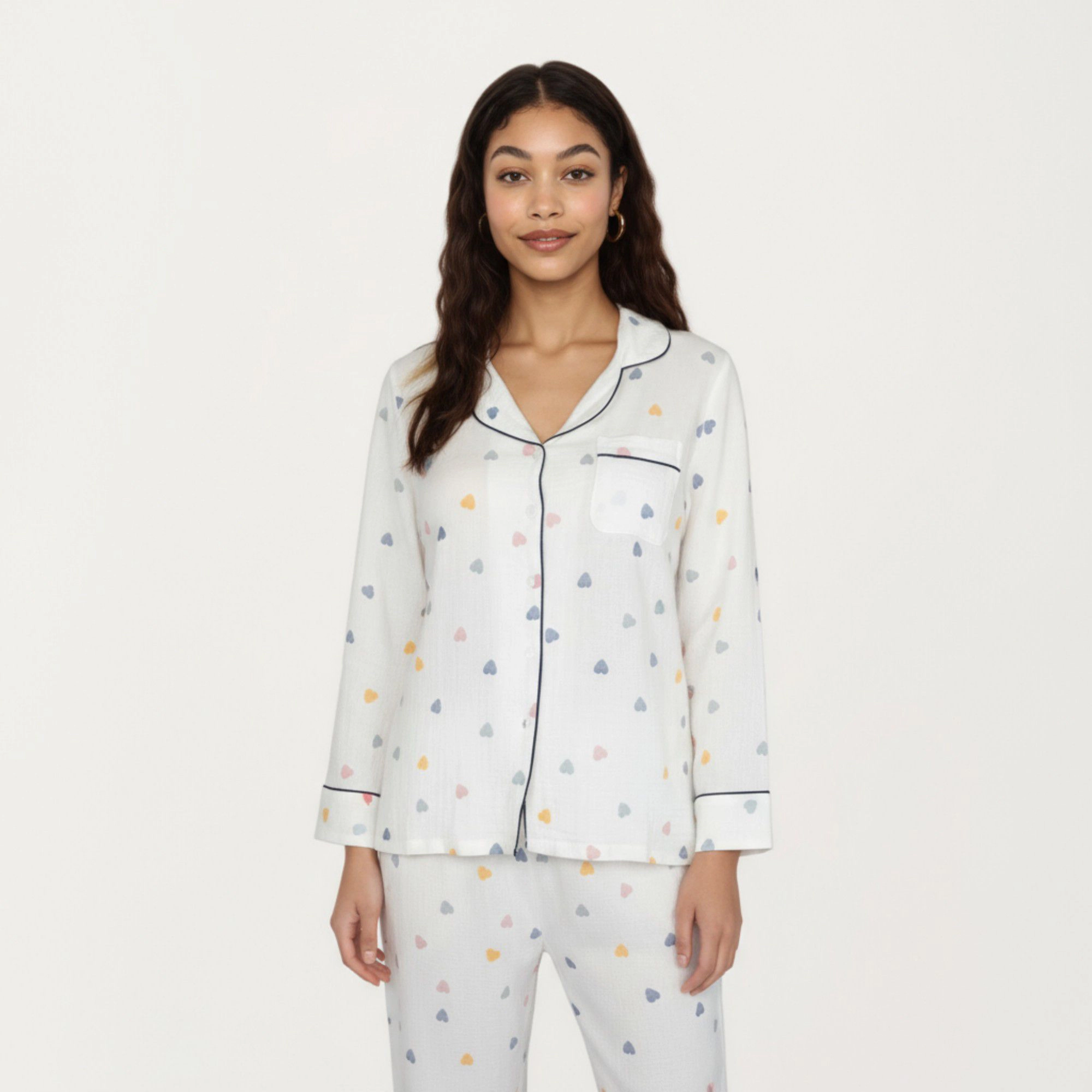 Anna-Kaci Women's 2-Piece Valentine Set Long Sleeve Button Front Top and Relaxed Fit Pants Pajama Set with Heart Print