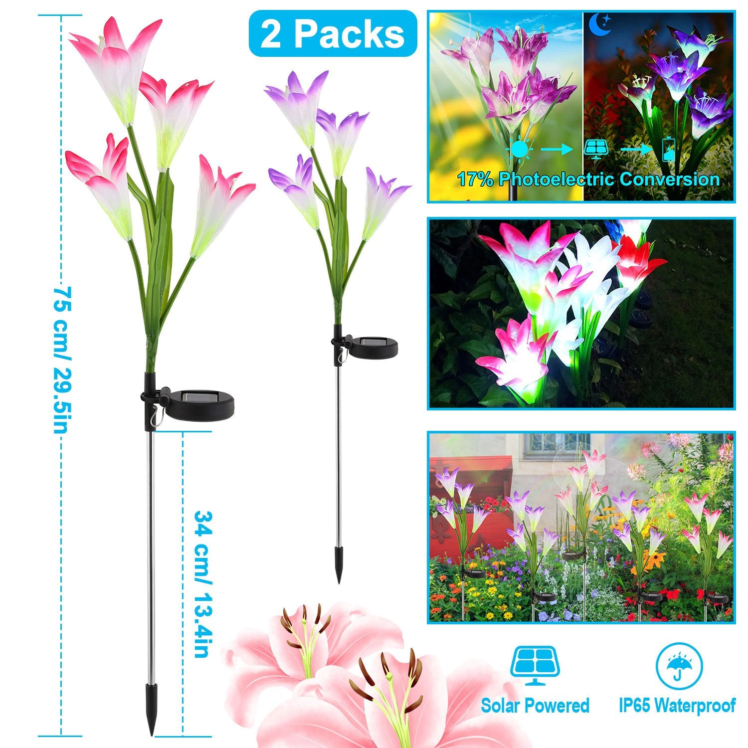GBruno 2-Pc Solar Lily Flower Garden Stake Lights