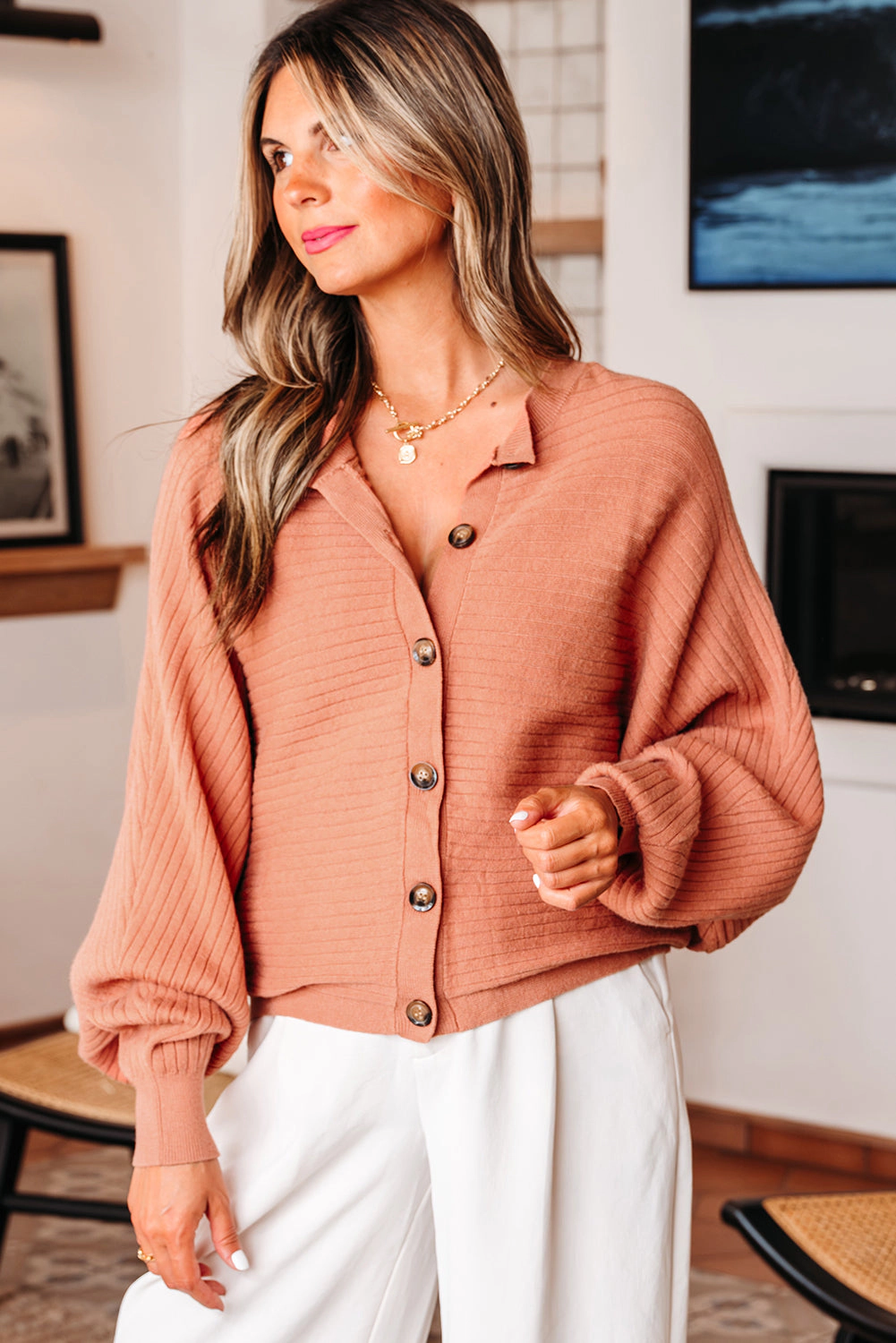 Threaded Pear Women's Parker Button Front Dolman Sleeve Sweater Cardigan
