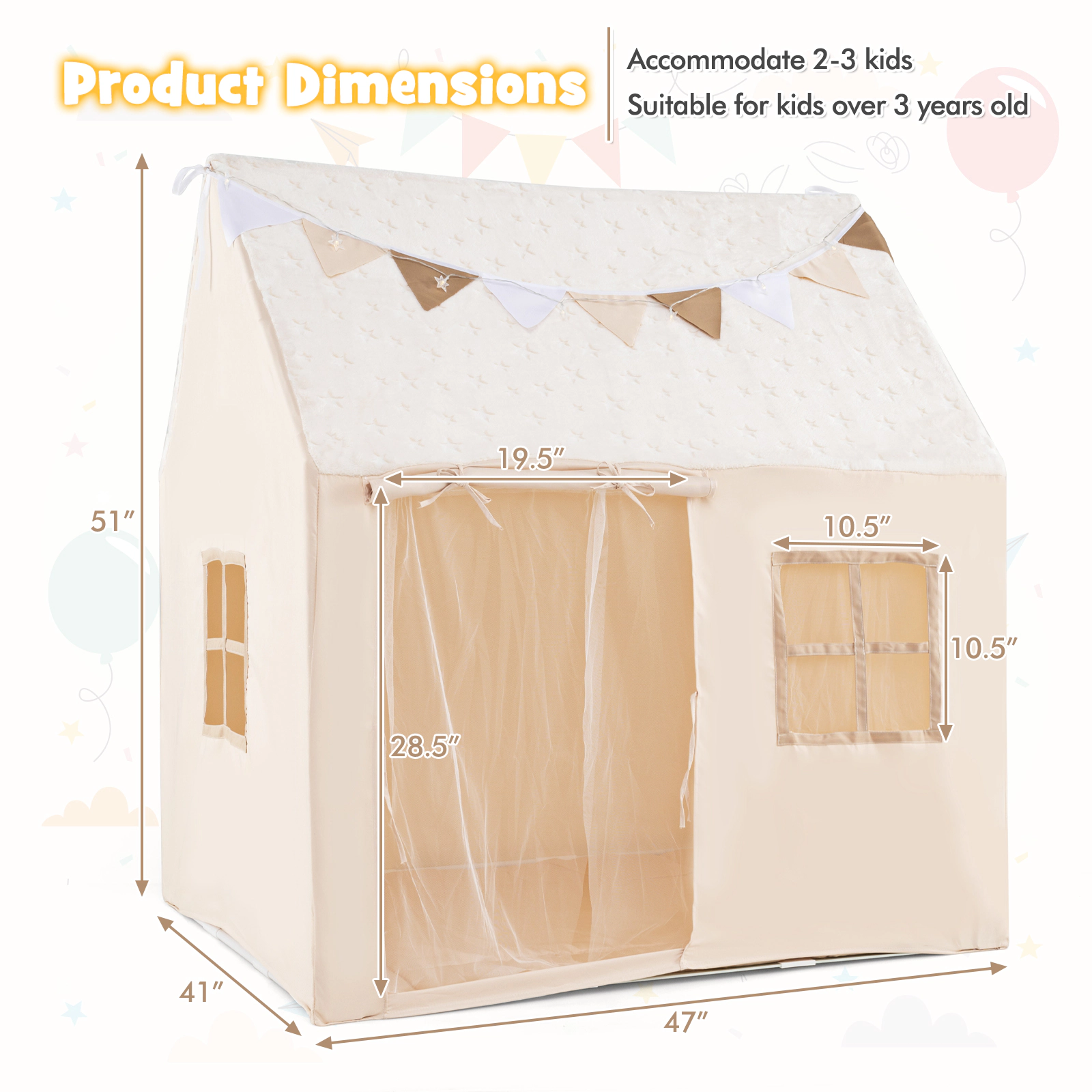 Slickblue Children Playhouse Tent with Warm Lights and Flags