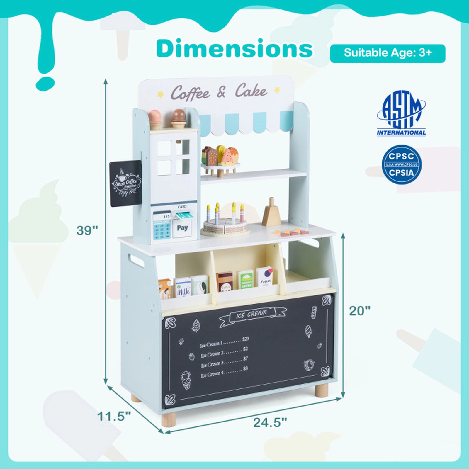 SUGIFT Blue 27 Accessories and Play Ice Cream Machine Kids Wooden Ice Cream Shop