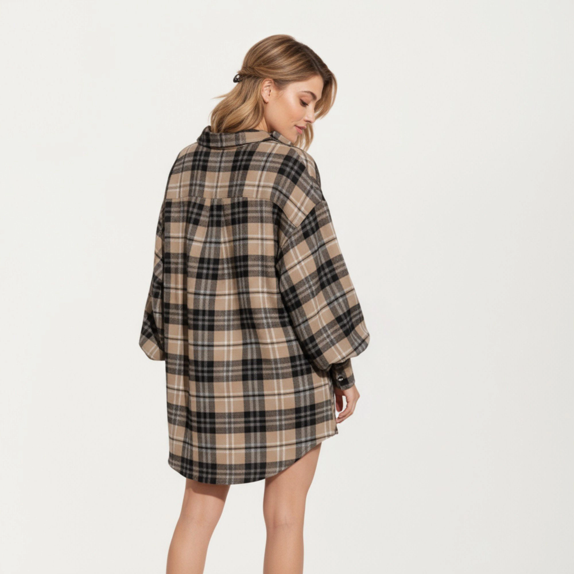 Anna-Kaci Women's Oversized Plaid Long Balloon Sleeves Button Front Collar Detail Shirt Dress