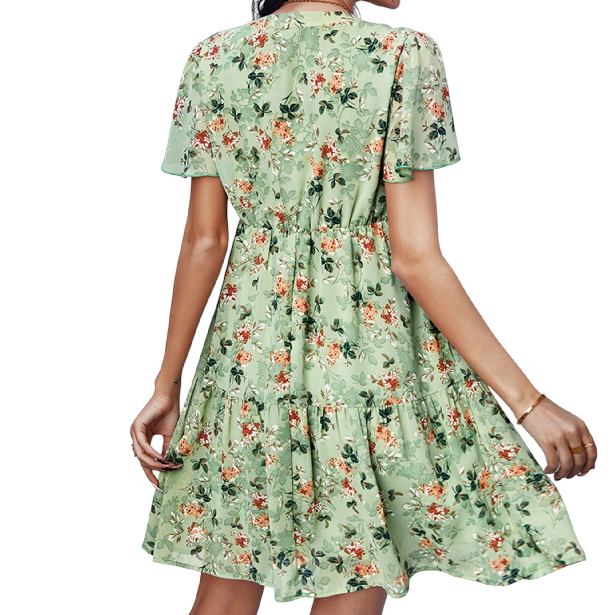 Anna-Kaci Women's Short Sleeve V-Neck Tiered Floral Print Mini Dress