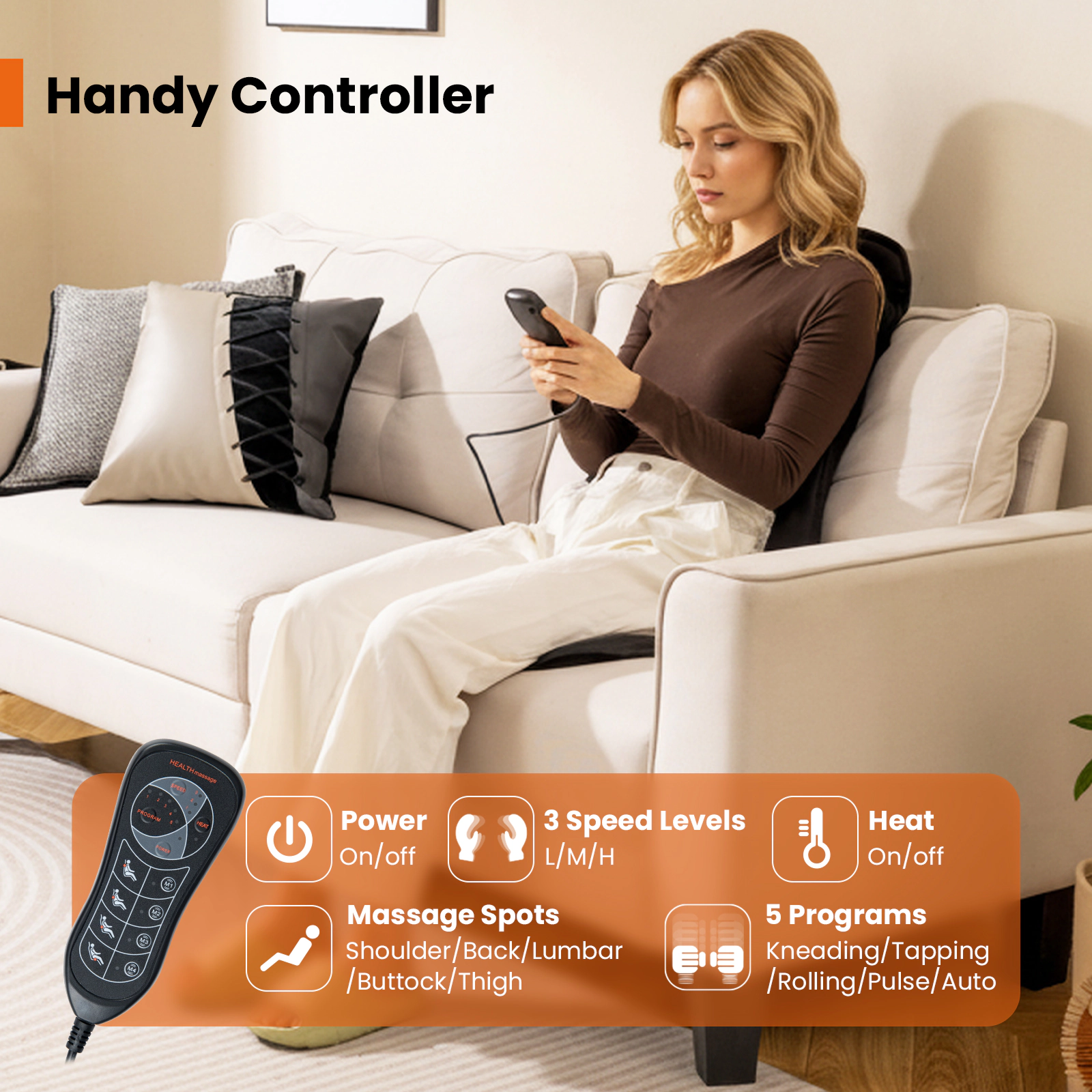 SUGIFT Black Back Massager Seat Cushion with Heat and 10 Vibration Motors 41.34-in W 19.69-in D 3 Speed Settings