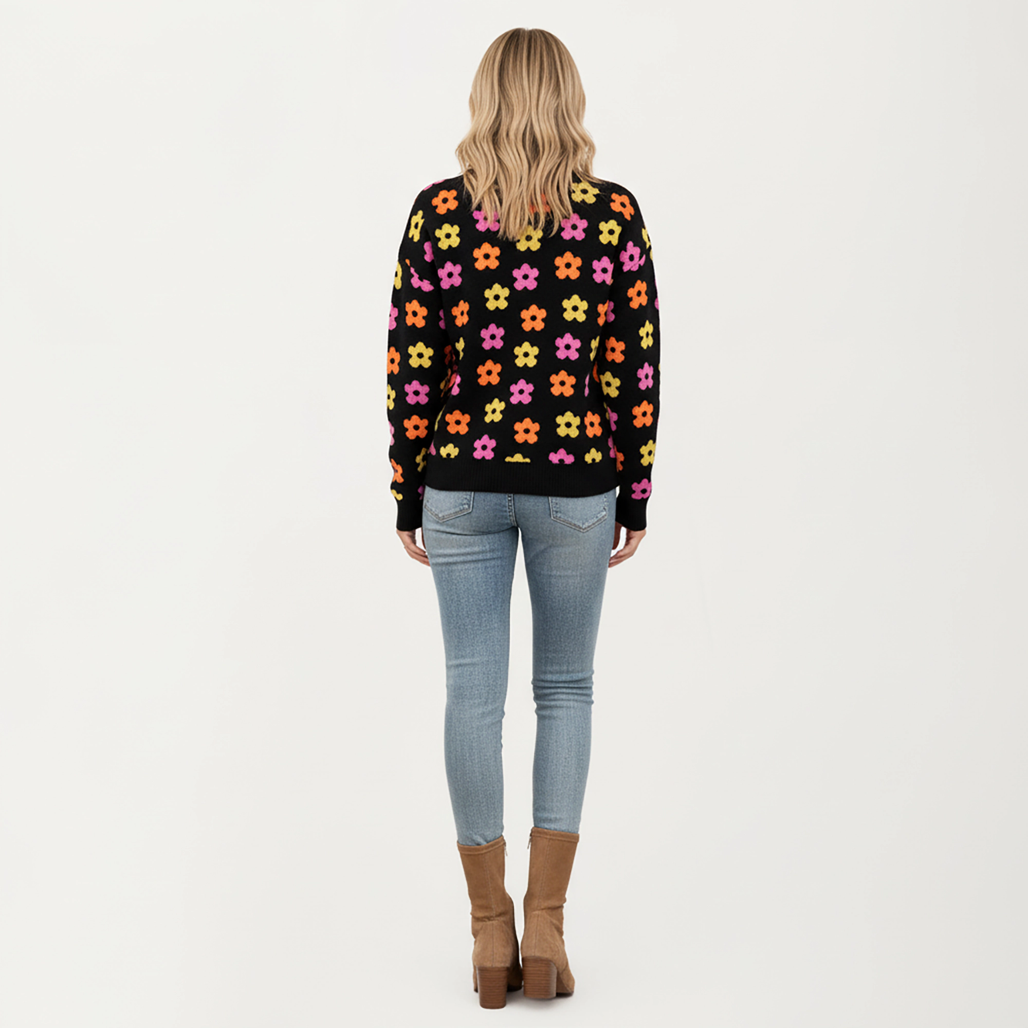 Anna-Kaci Women's Flower Pattern Knit Sweater with Long Sleeves, Soft Textured Feel and Comfortable Relaxed Everyday Fit